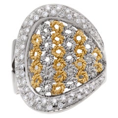Basket Weave Ring with Surrounding Pave Diamonds in 18k White and Yellow Gold