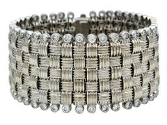 Basket Weave Style Wide Link Bracelet with Diamonds in 18 Karat White Gold