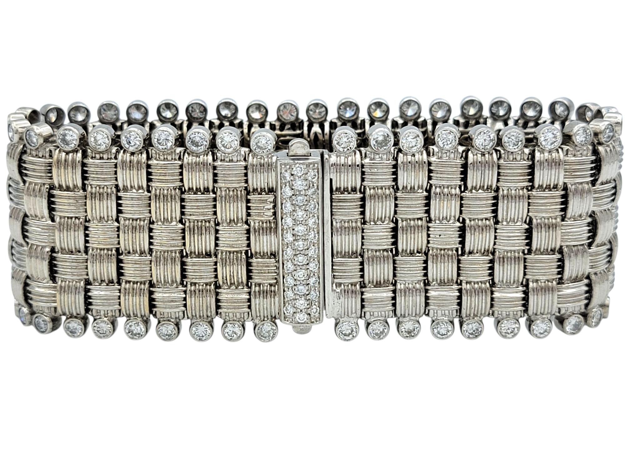 Contemporary Basket Weave Style Wide Link Bracelet with Diamonds in 18 Karat White Gold For Sale