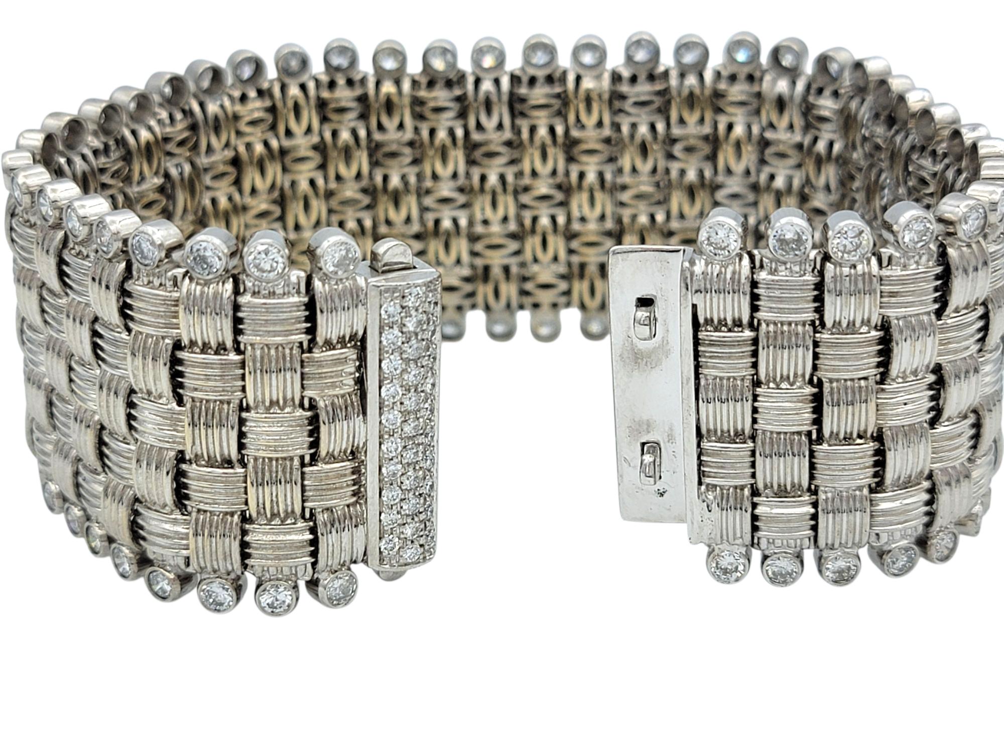 Round Cut Basket Weave Style Wide Link Bracelet with Diamonds in 18 Karat White Gold For Sale