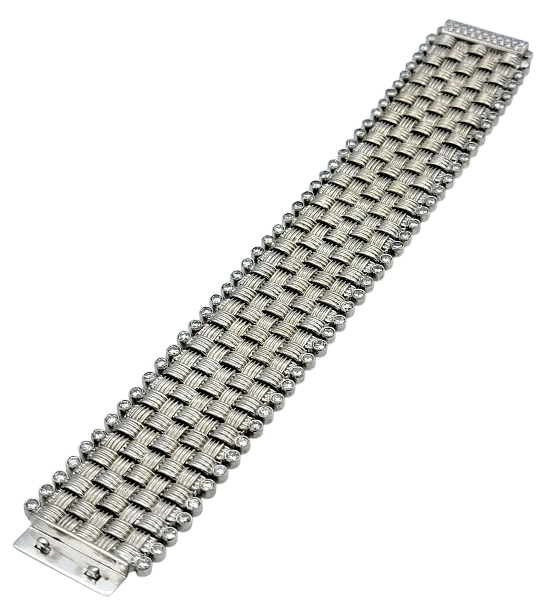 Basket Weave Style Wide Link Bracelet with Diamonds in 18 Karat White Gold In Good Condition For Sale In Scottsdale, AZ
