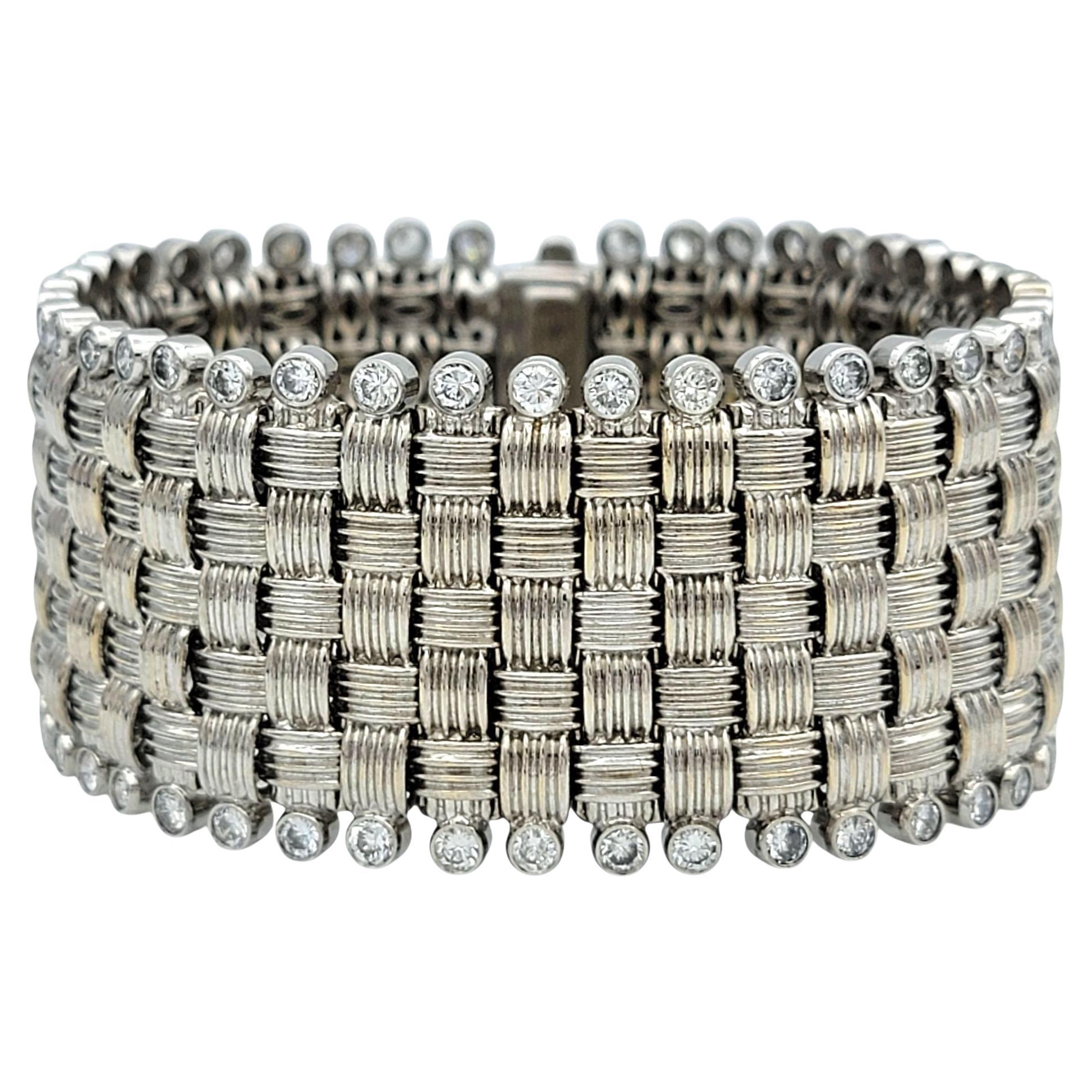 Basket Weave Style Wide Link Bracelet with Diamonds in 18 Karat White Gold