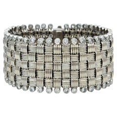Basket Weave Style Wide Link Bracelet with Diamonds in 18 Karat White Gold