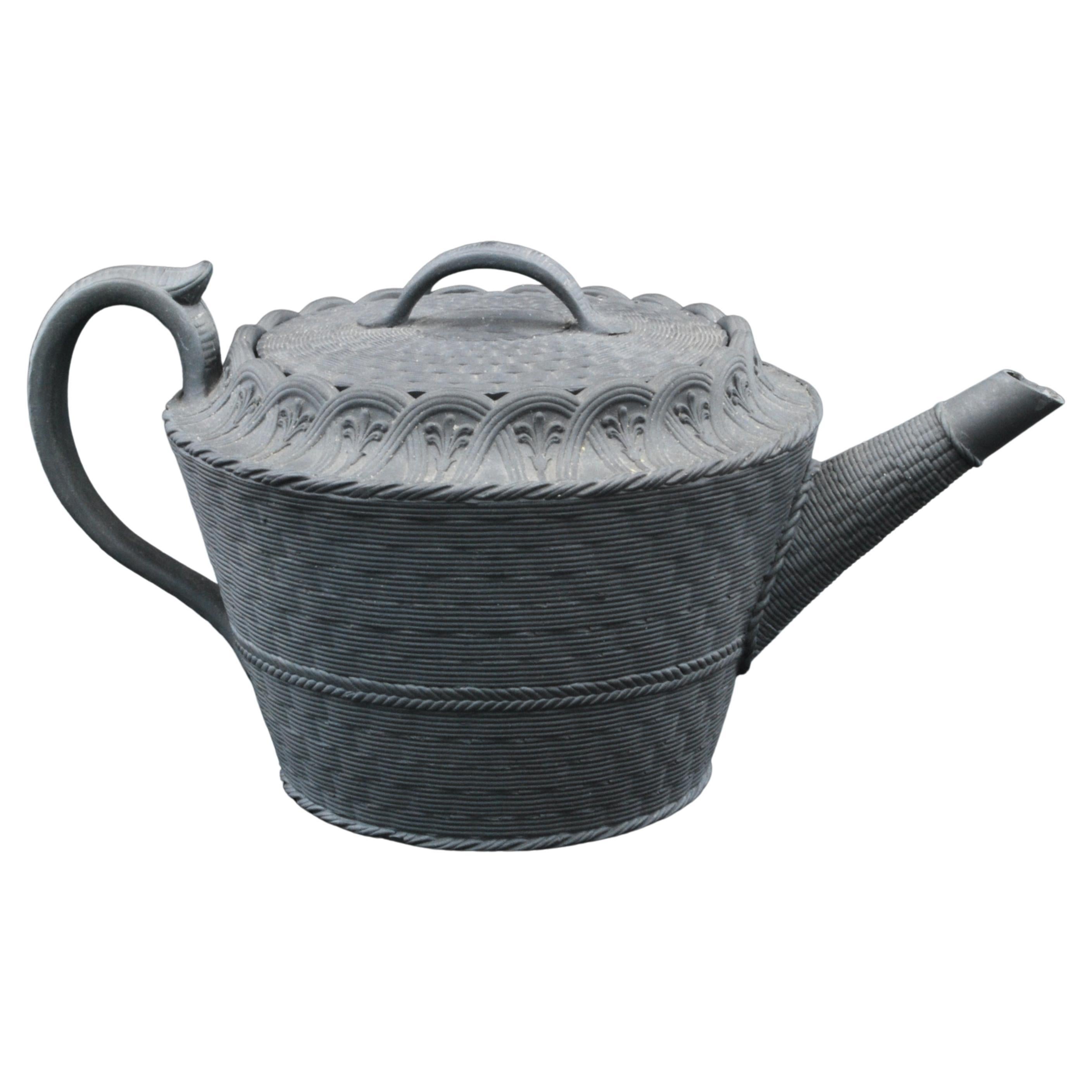 Teekanne aus schwarzem Basalt mit Korbgeflechtgeflecht, Wedgwood, um 1790 im Angebot
