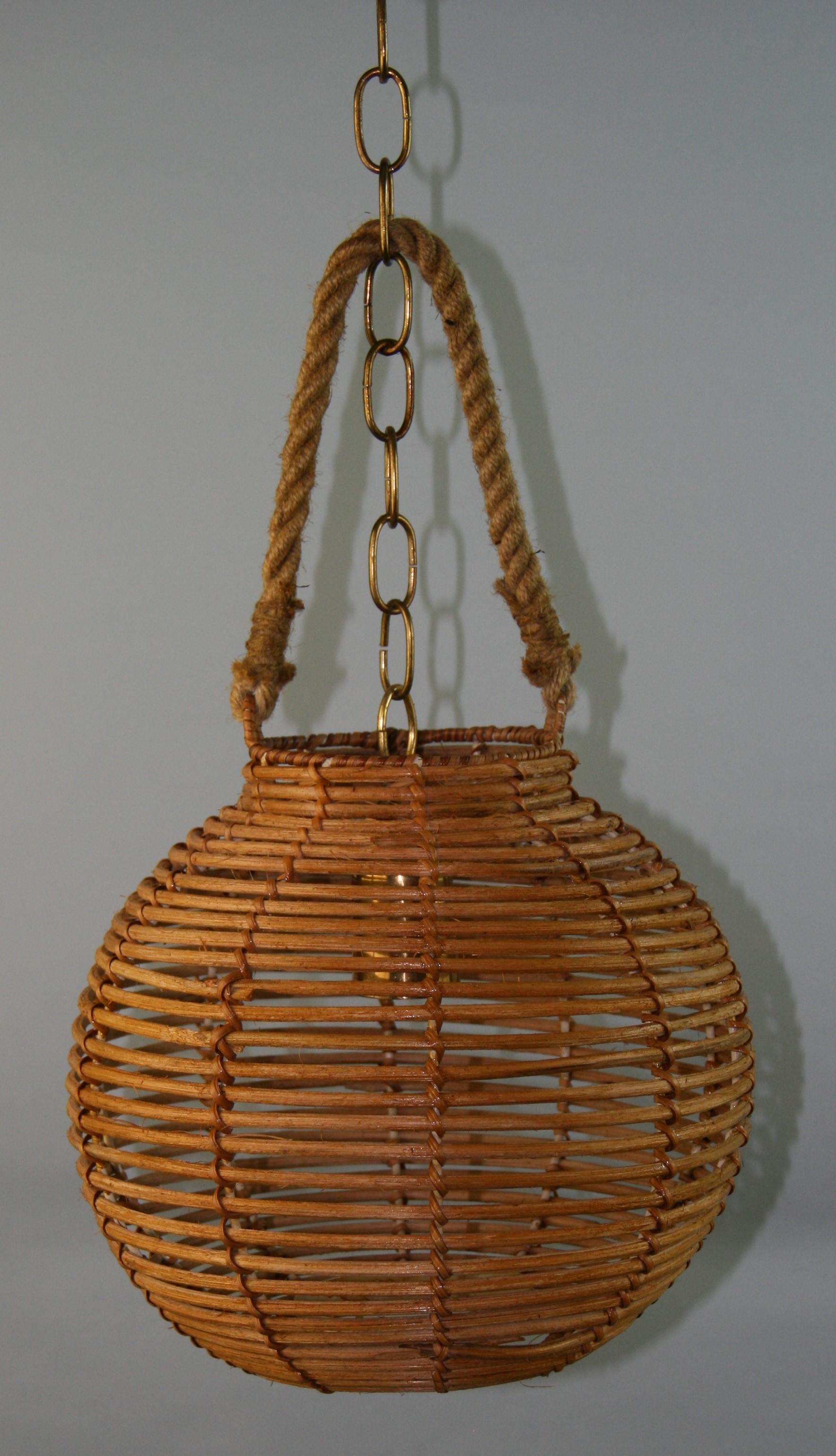 Scandinavian Rope and  Wicker Pendant Light In Good Condition For Sale In Douglas Manor, NY