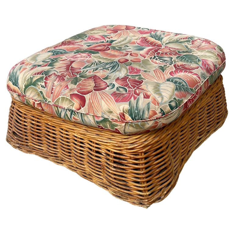 Basket Woven Rattan Ottoman Coffee Table in the style of Michael Taylor