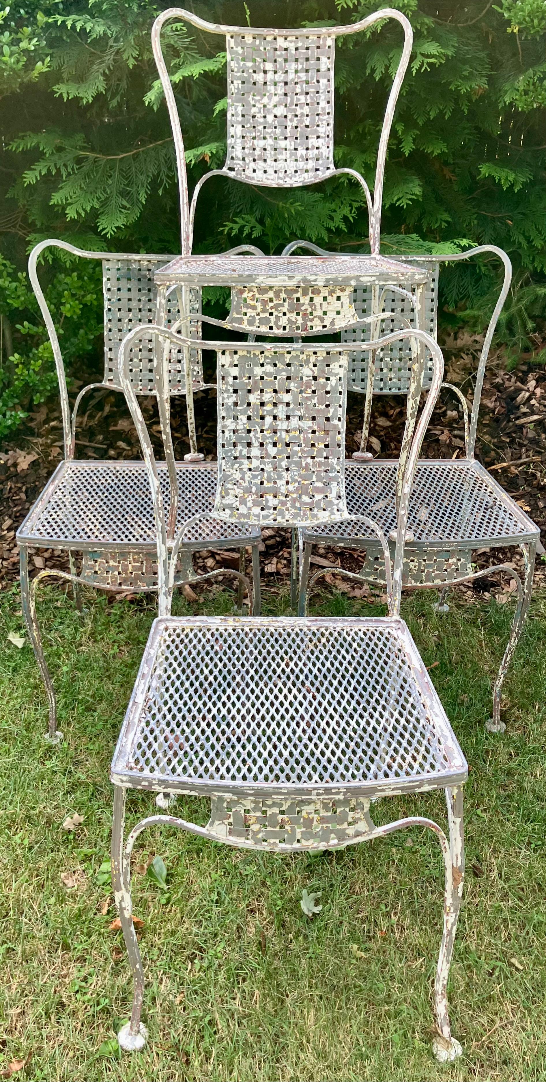 Mid-Century Modern Basketweave Iron Patio Dining Chairs For Sale