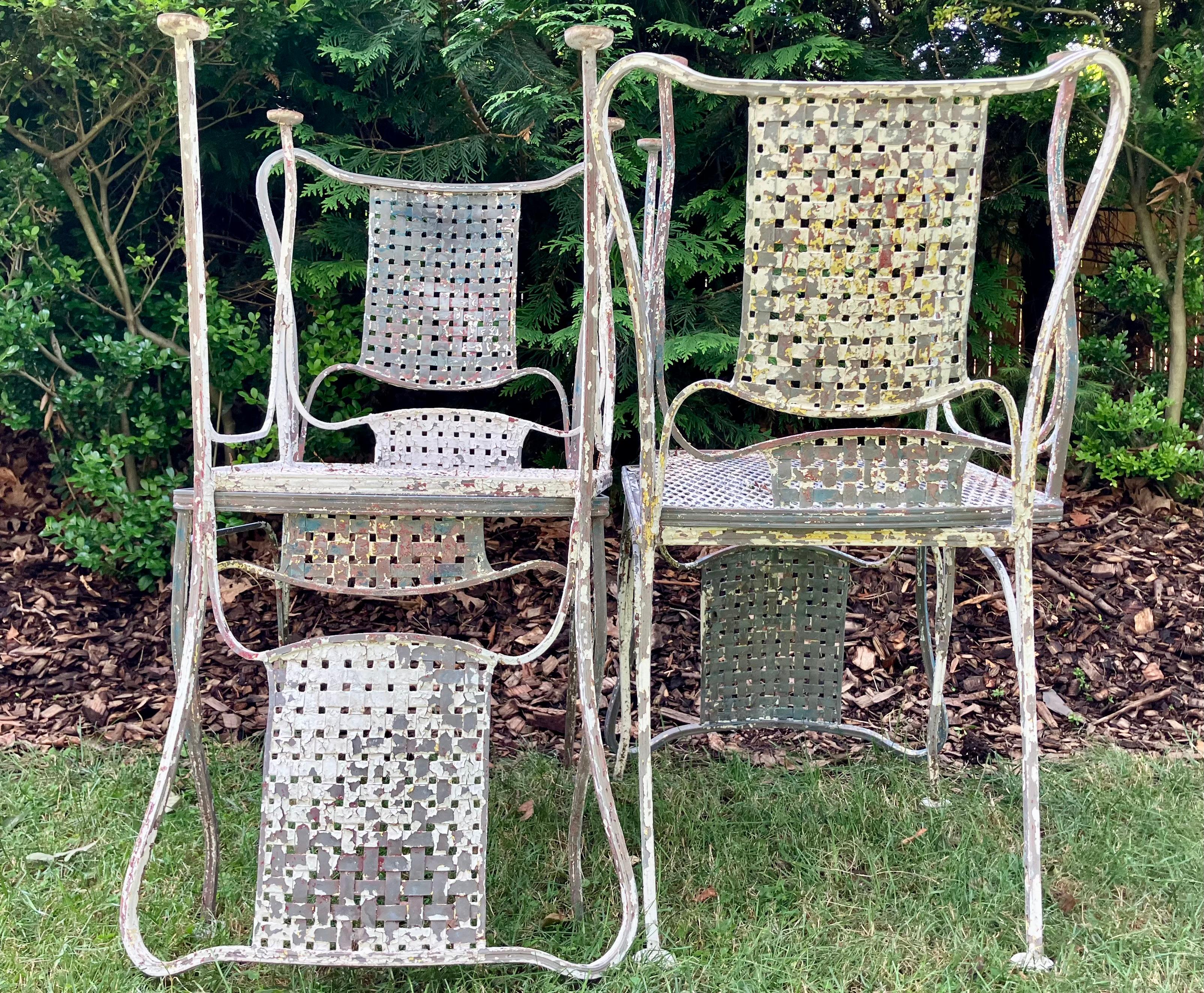 Painted Basketweave Iron Patio Dining Chairs For Sale