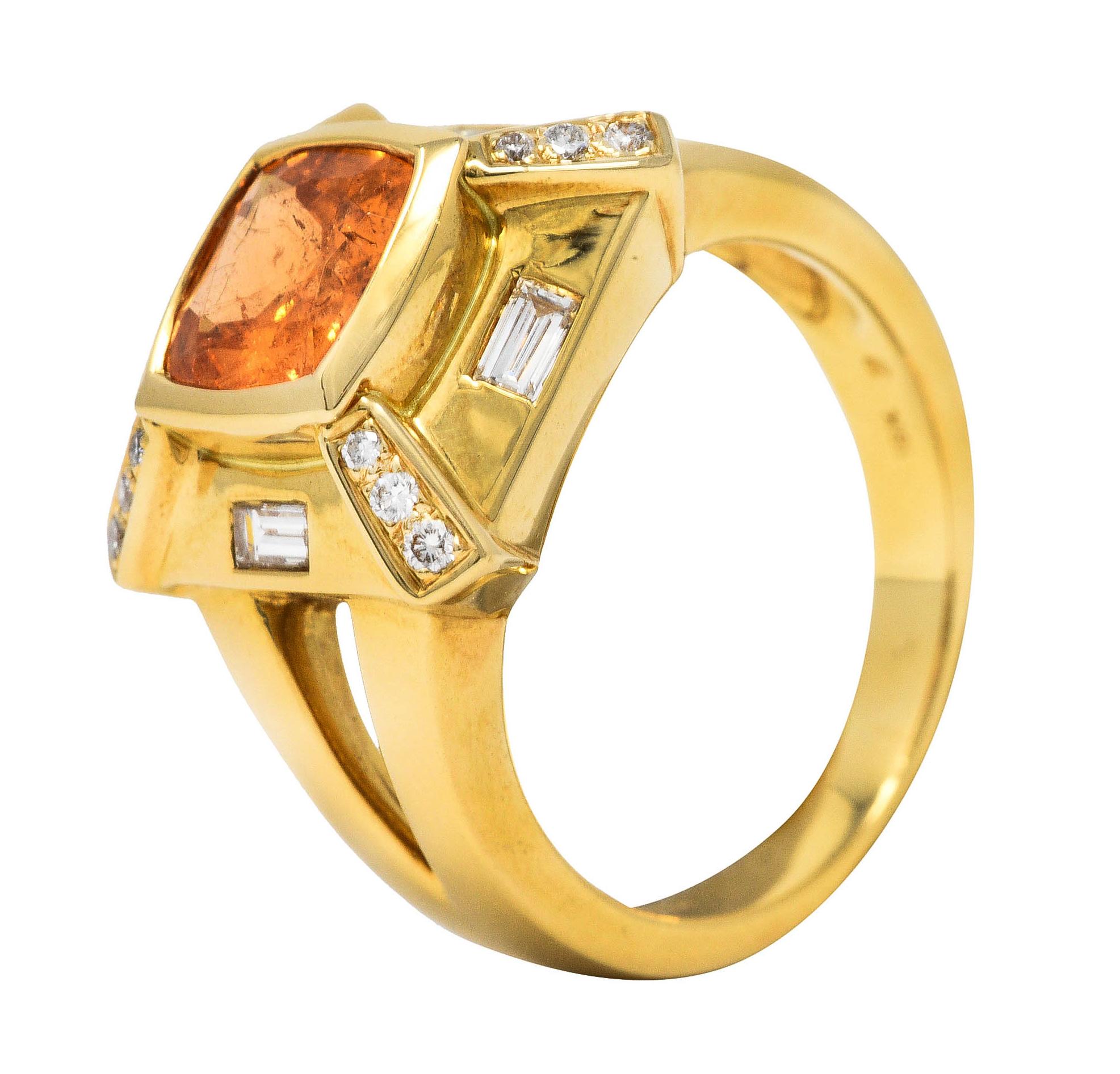 Baskin Bros. 2.50 Carats Orange Sapphire Diamond 18 Karat Gold Gemstone Ring 2