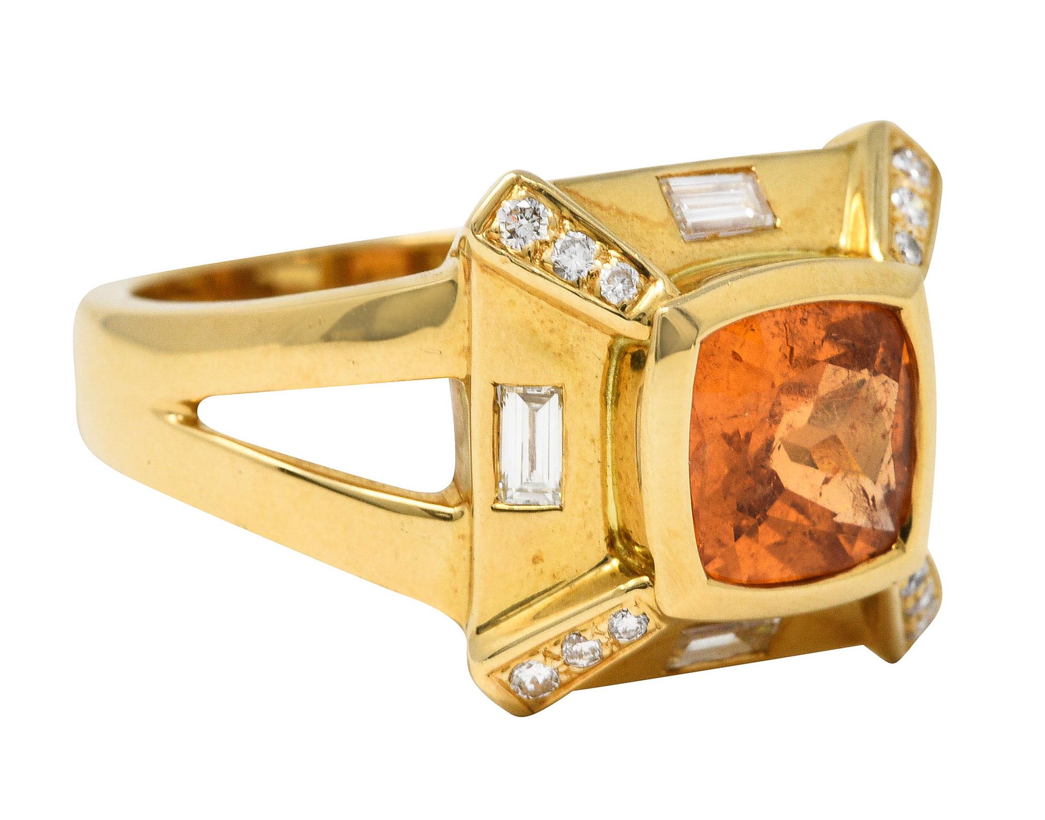 Centering a cushion cut orange sapphire weighing approximately 2.00 carats

Semi-transparent with natural inclusions while exhibiting uniform and vibrant orange color

Bezel set in a pyramidal form accented by baguette and round brilliant cut