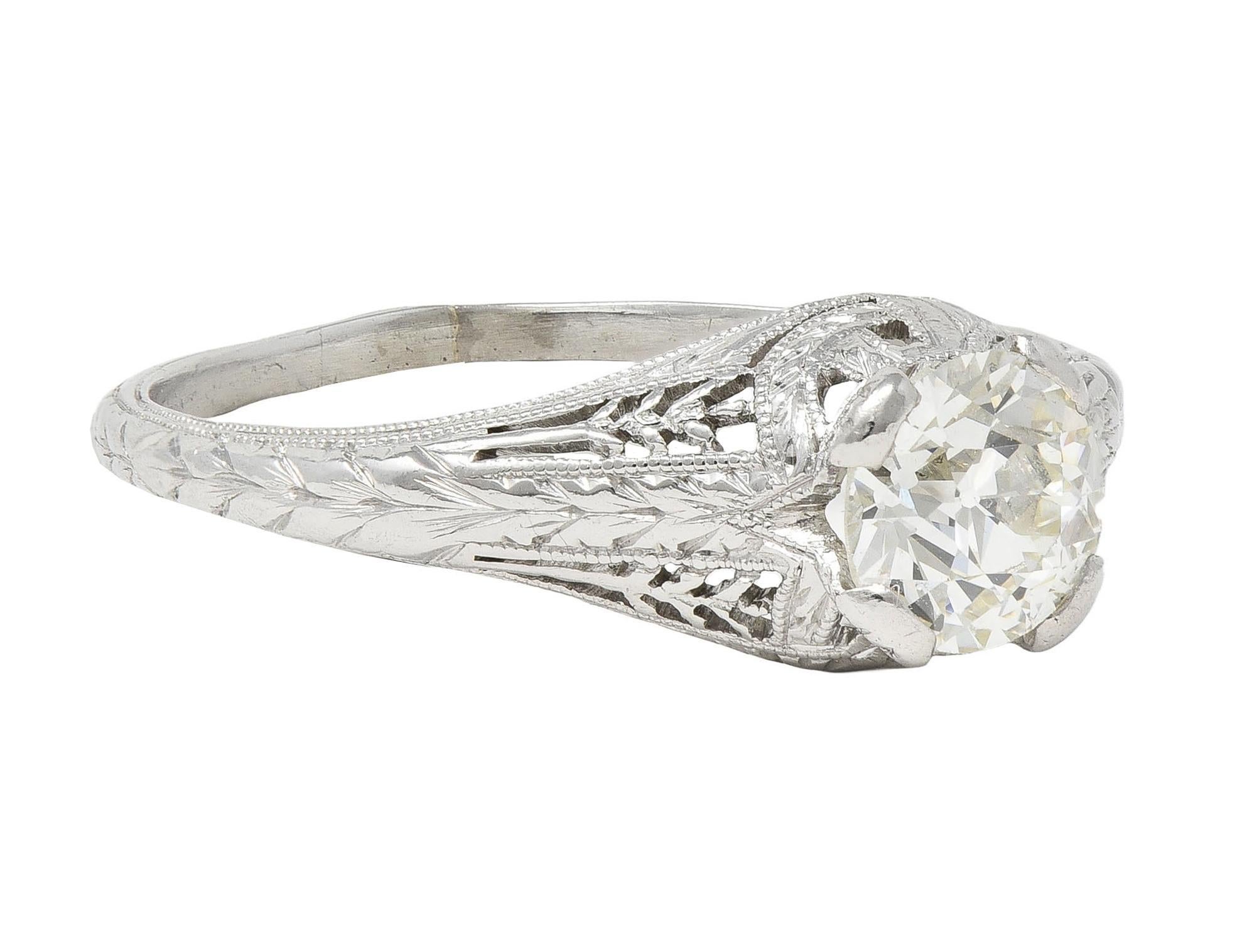 Round Cut Baskin Bros. Art Deco 0.70 CTW Diamond Platinum Vintage Wheat Engagement Ring For Sale