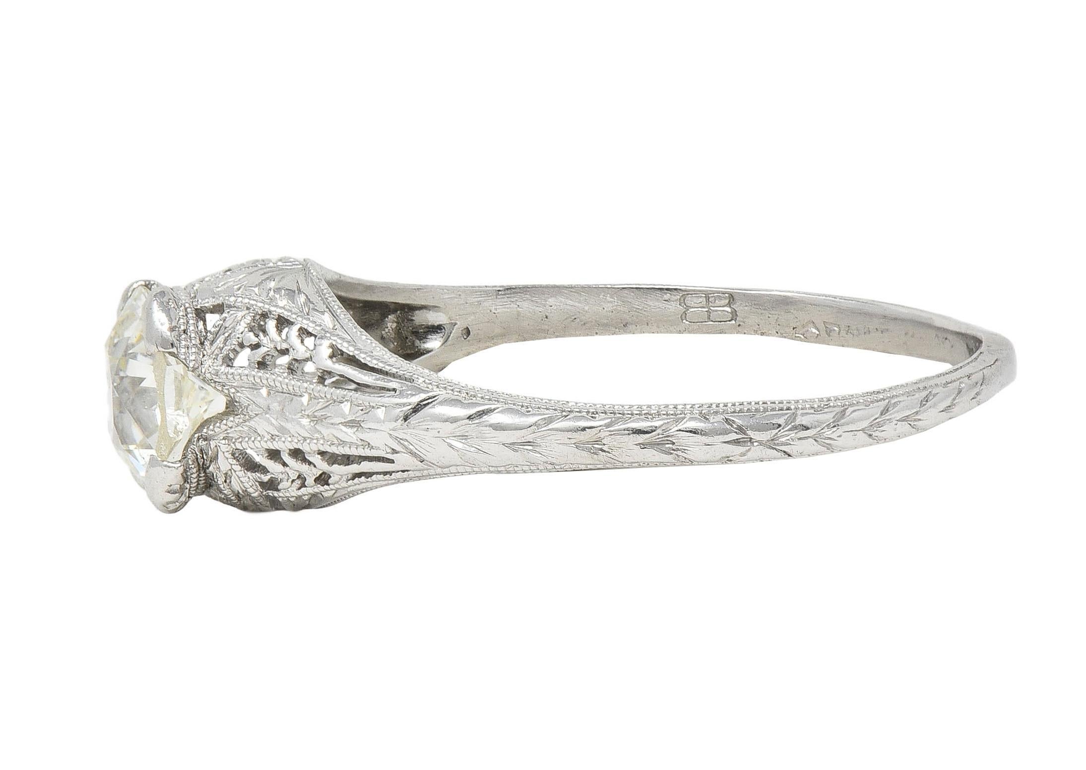 Baskin Bros. Art Deco 0.70 CTW Diamond Platinum Vintage Wheat Engagement Ring For Sale 1