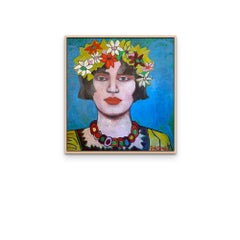 Pippa Portrait with Flowers Painting Print Edition on Canvas Square Format