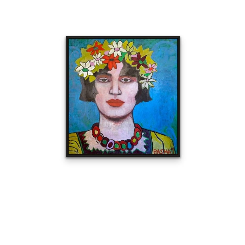 Pippa Portrait with Flowers Painting Print Edition on Canvas Square Format - Blue Abstract Print by Basmat Levin