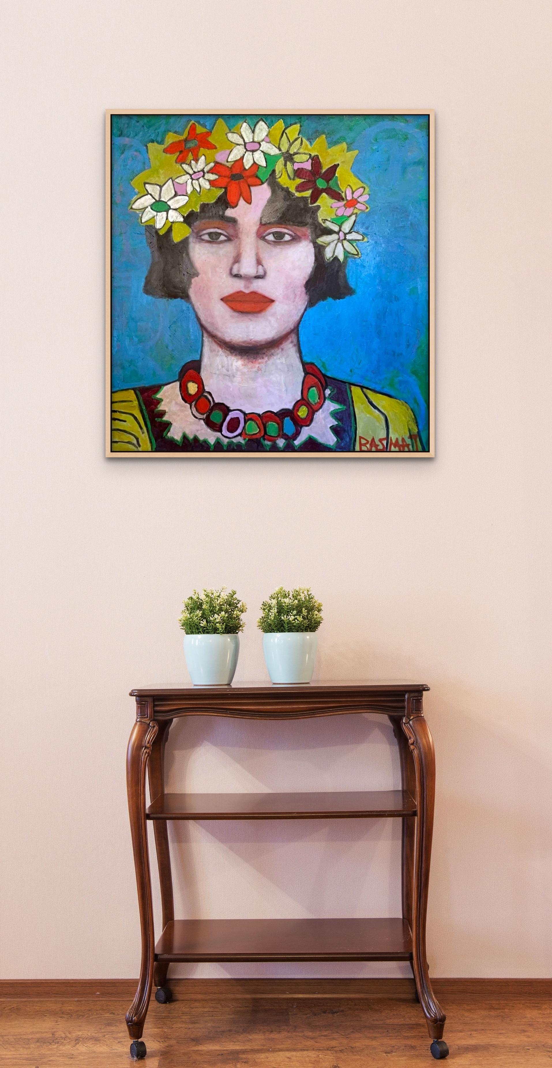 Pippa Portrait with Flowers Painting Print Edition on Canvas Square Format For Sale 1
