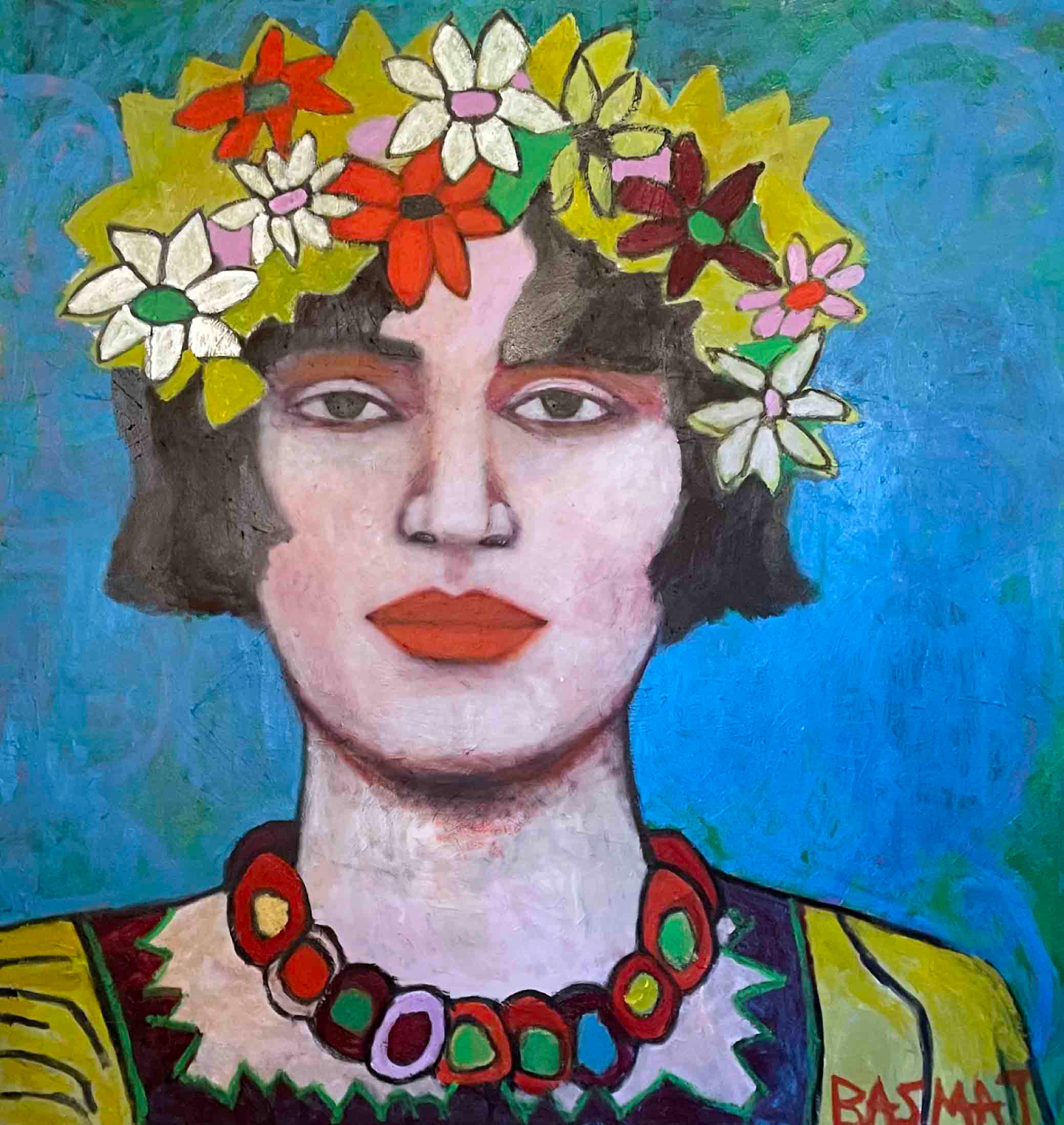 Basmat Levin Abstract Print - Pippa Portrait with Flowers Painting Print Edition on Canvas Square Format