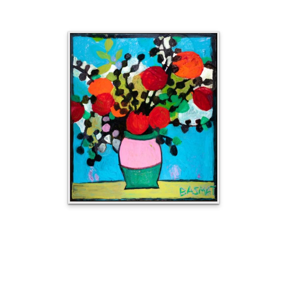 Red Flower Burst Painting Print on Canvas - Blue Abstract Print by Basmat Levin