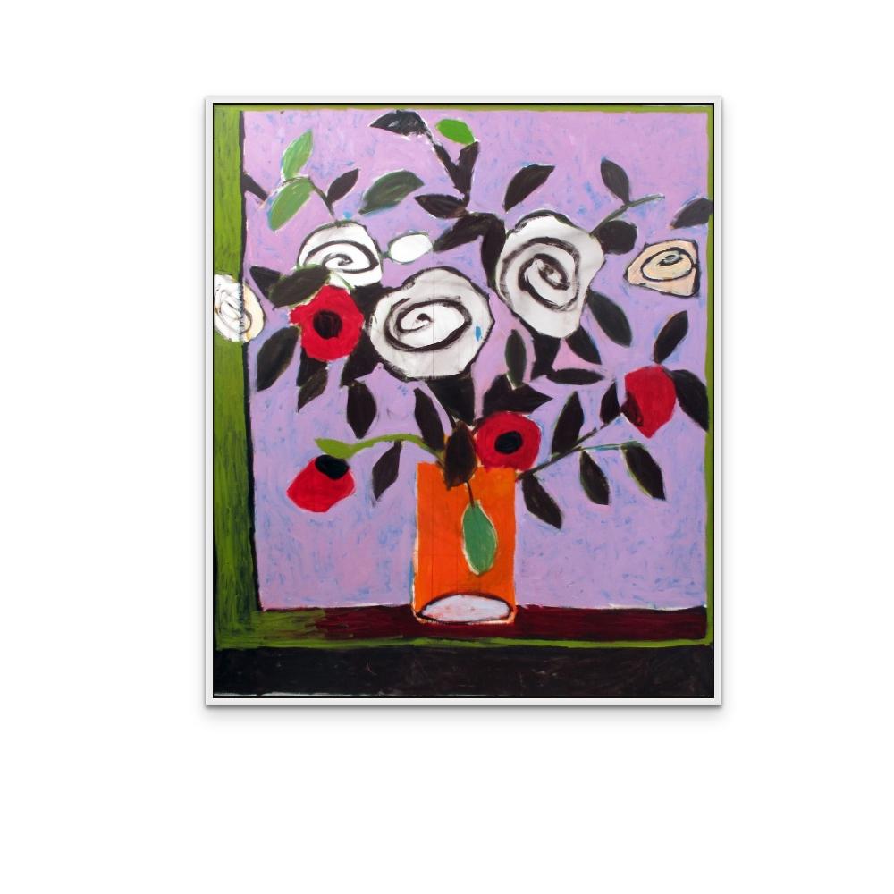 White flowers in a colourful vase print on Canvas - Abstract Print by Basmat Levin