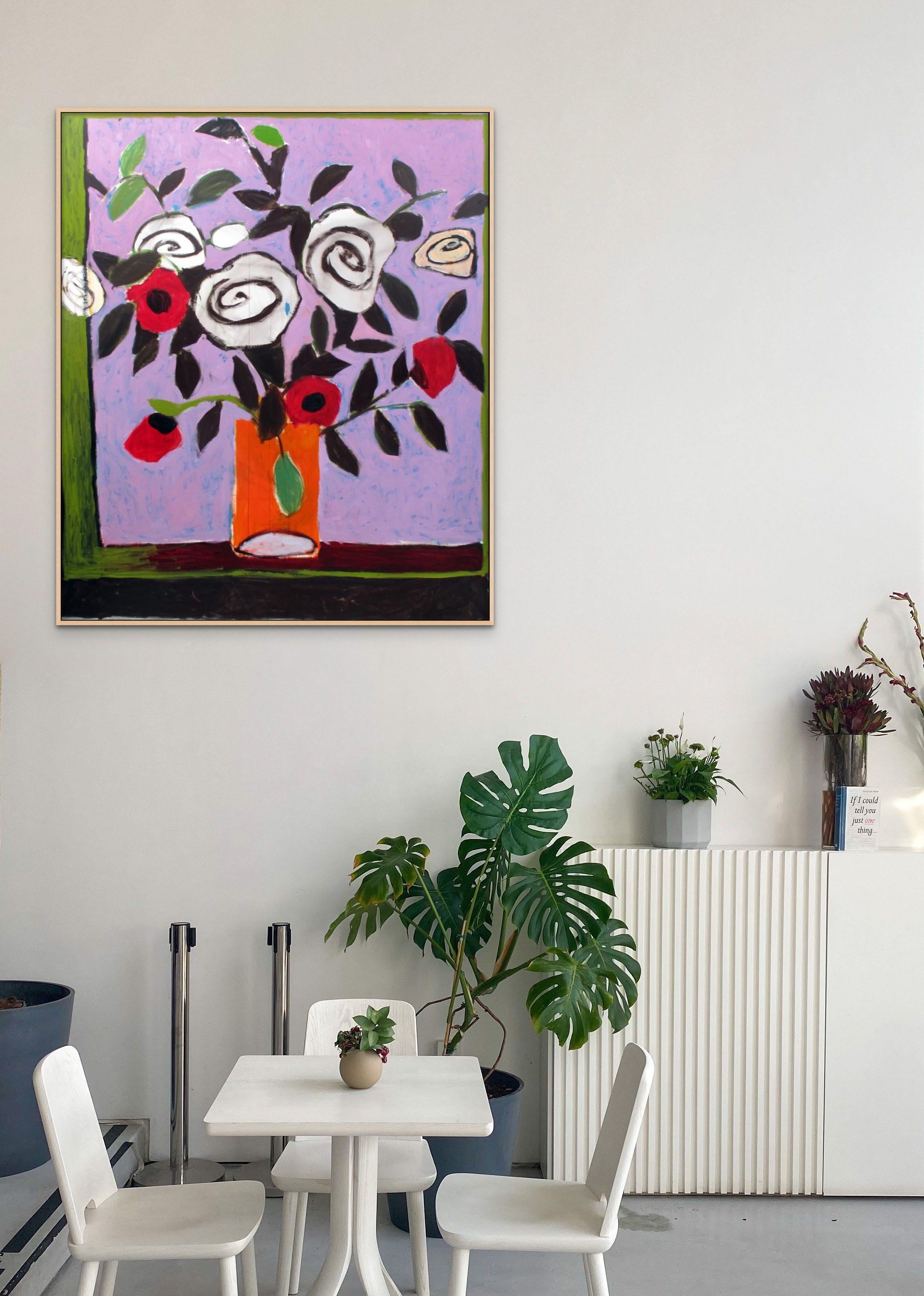 White flowers in a colourful vase print on Canvas - Gray Abstract Print by Basmat Levin