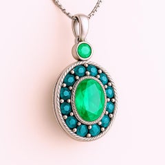 Basotho Halo Pendant Necklace in Platinum with Aqua Emerald & Sapphires