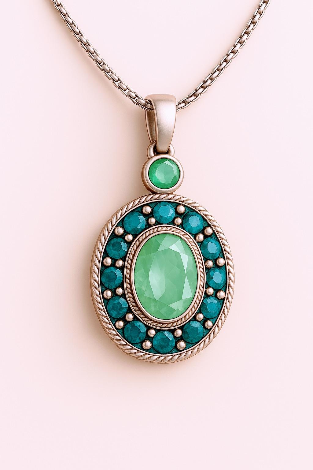 Collar Colgante Halo Basotho de Platino con Esmeralda Aqua y Zafiros Artesano en venta