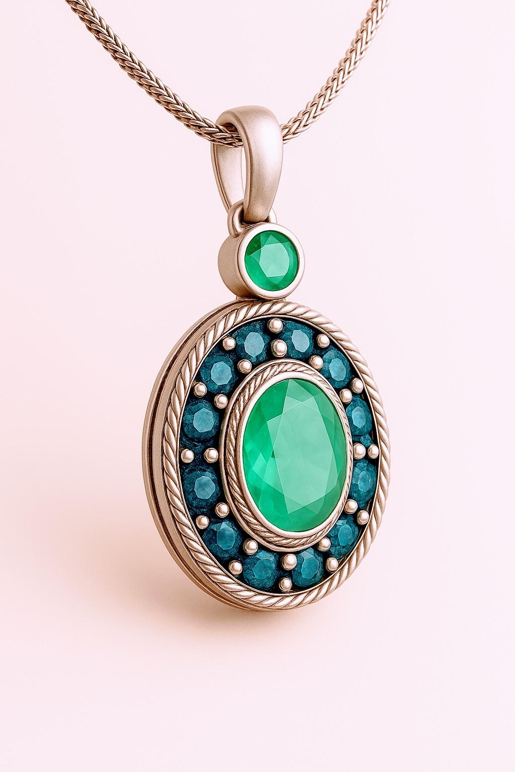 Collar Colgante Halo Basotho de Platino con Esmeralda Aqua y Zafiros Corte oval en venta