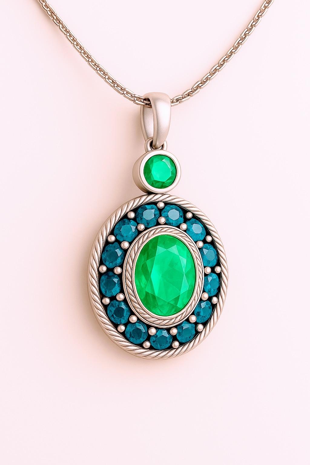 Collar Colgante Halo Basotho de Platino con Esmeralda Aqua y Zafiros en Nuevo estado para la venta en Lanham, MD
