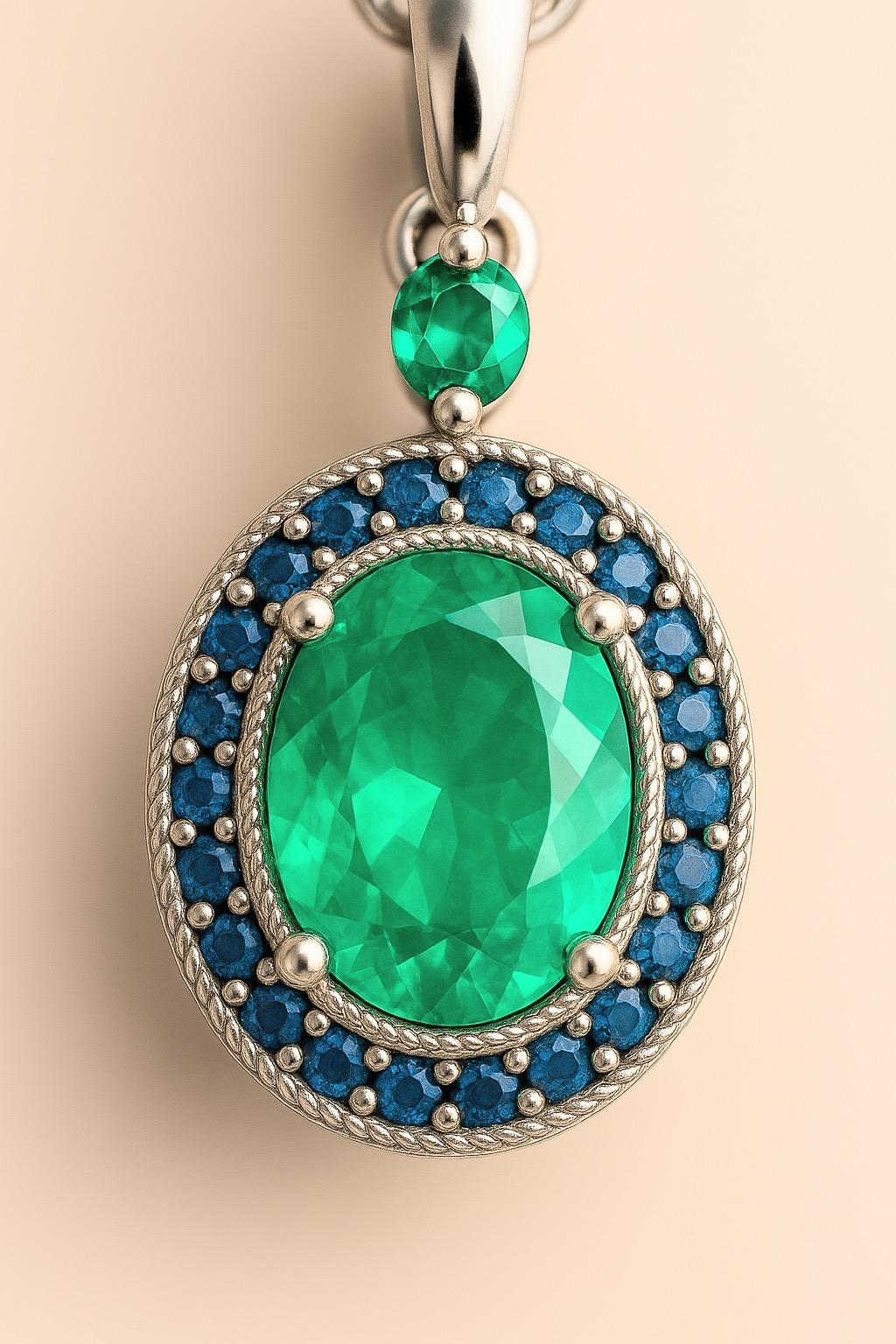 Femenino o masculino Collar Colgante Halo Basotho de Platino con Esmeralda Aqua y Zafiros en venta