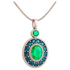 Antique Basotho Halo Pendant Necklace in Platinum with Aqua Emerald & Sapphires