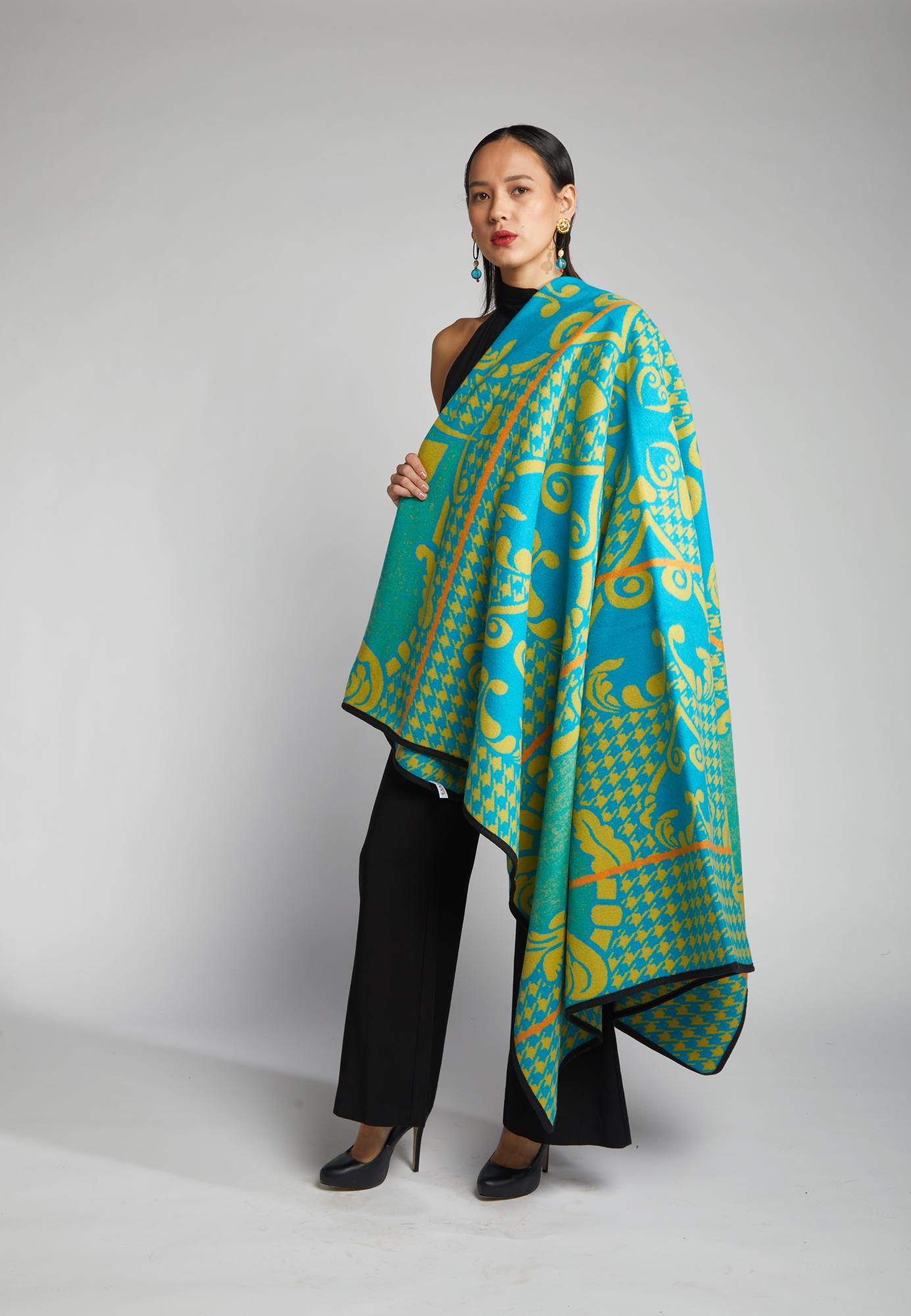 South African Basotho Heritage Blanket Scarf - Turquoise Mustard Heart For Sale