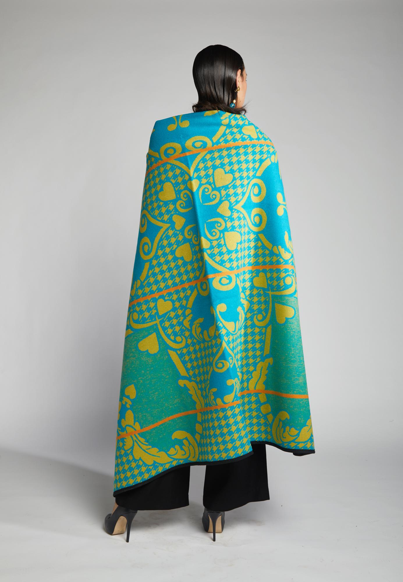 Woven Basotho Heritage Blanket Scarf - Turquoise Mustard Heart For Sale