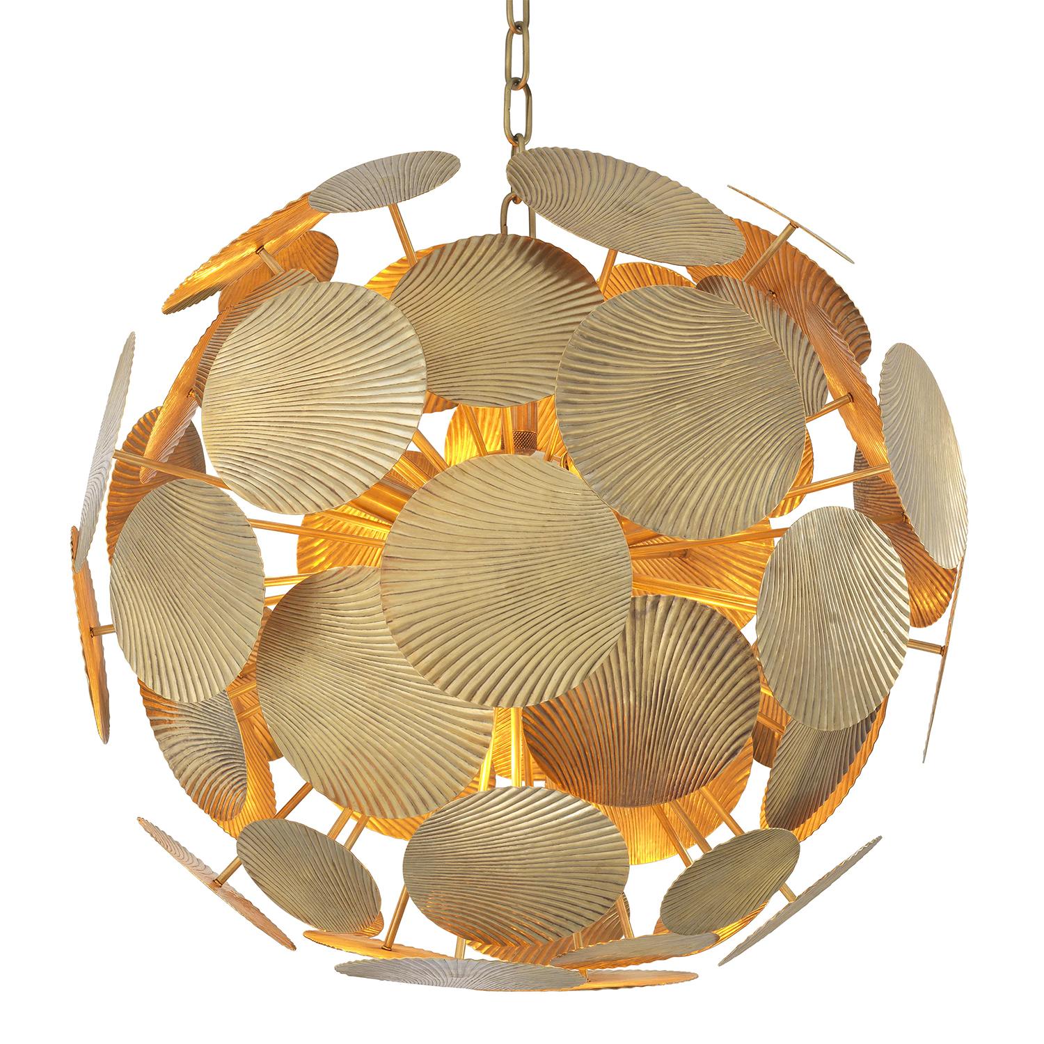 Suspension Basque Large with structure in solid brass
in vintage finish and in stainless steel. 8 bulbs, lamp holder
type E14, max 40 watt, 220-240 Volt. Dimmable, dimmer not
included, bulbs not included. Hanging chain: 200 meters.
Also available in