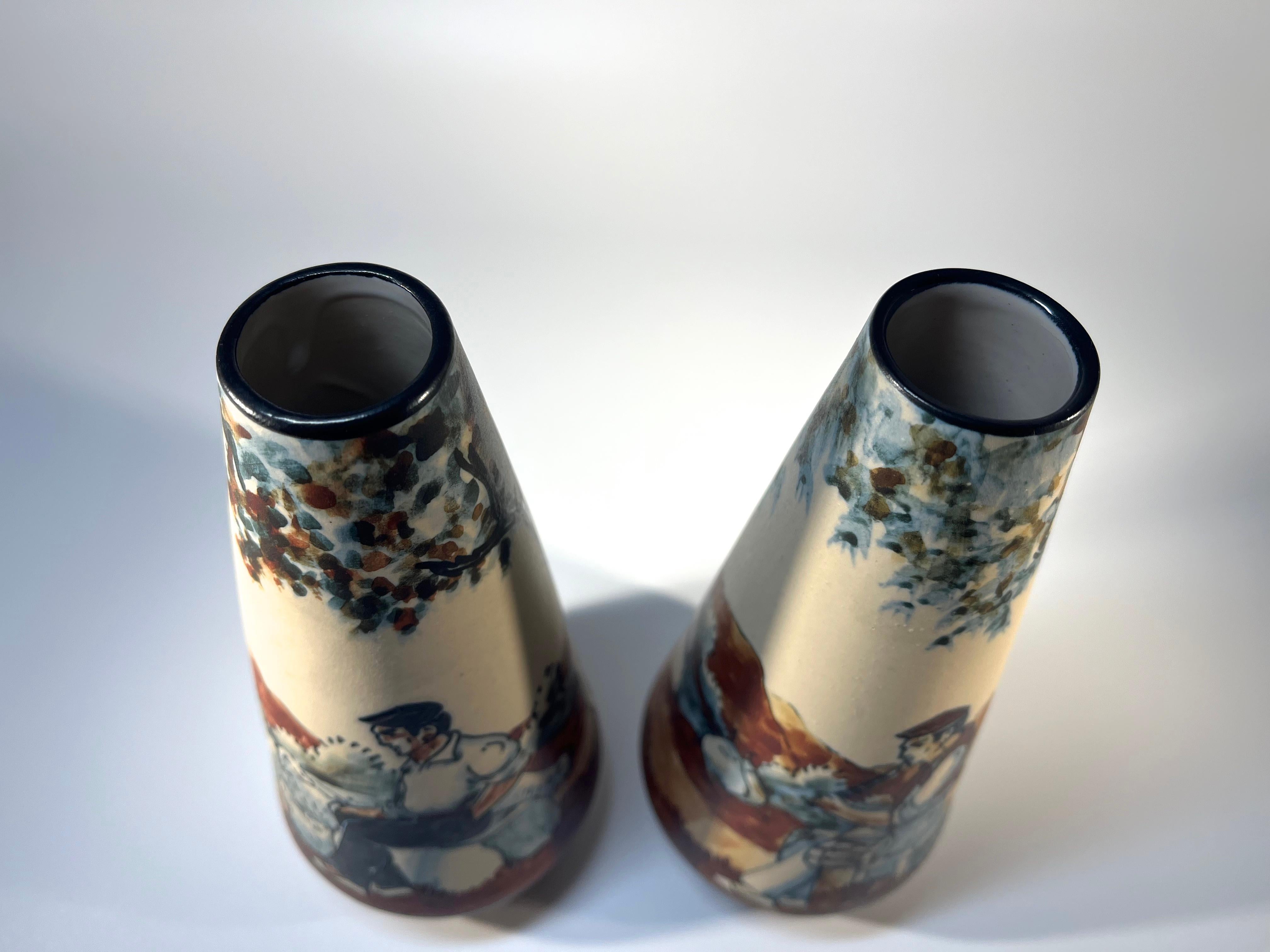 Ceramic Basque Musician And Shepherd Pair Of Vases, Anne Marie Grillard, Ciboure, France For Sale