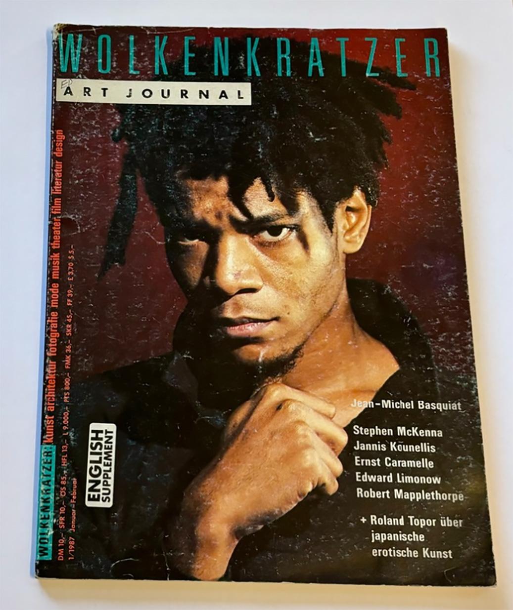 1987 Magazine Jean-Michel Basquiat (magazine Basquiat Stephens) :
Édition ultra-rare de Basquiat de la revue d'art allemande Wolkenkratzer. Remarquable portrait de couverture de Stephen Barker. C'est ce même portrait de Barker qui a servi de photo