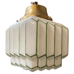 Bass Hanging Lamp w/ Milk Glass Stepped Geometric Art Glass Shade
