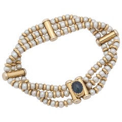 Bassani 1990s Pearl with Cabochon Sapphire Gold Rondelles Pearl Bracelet