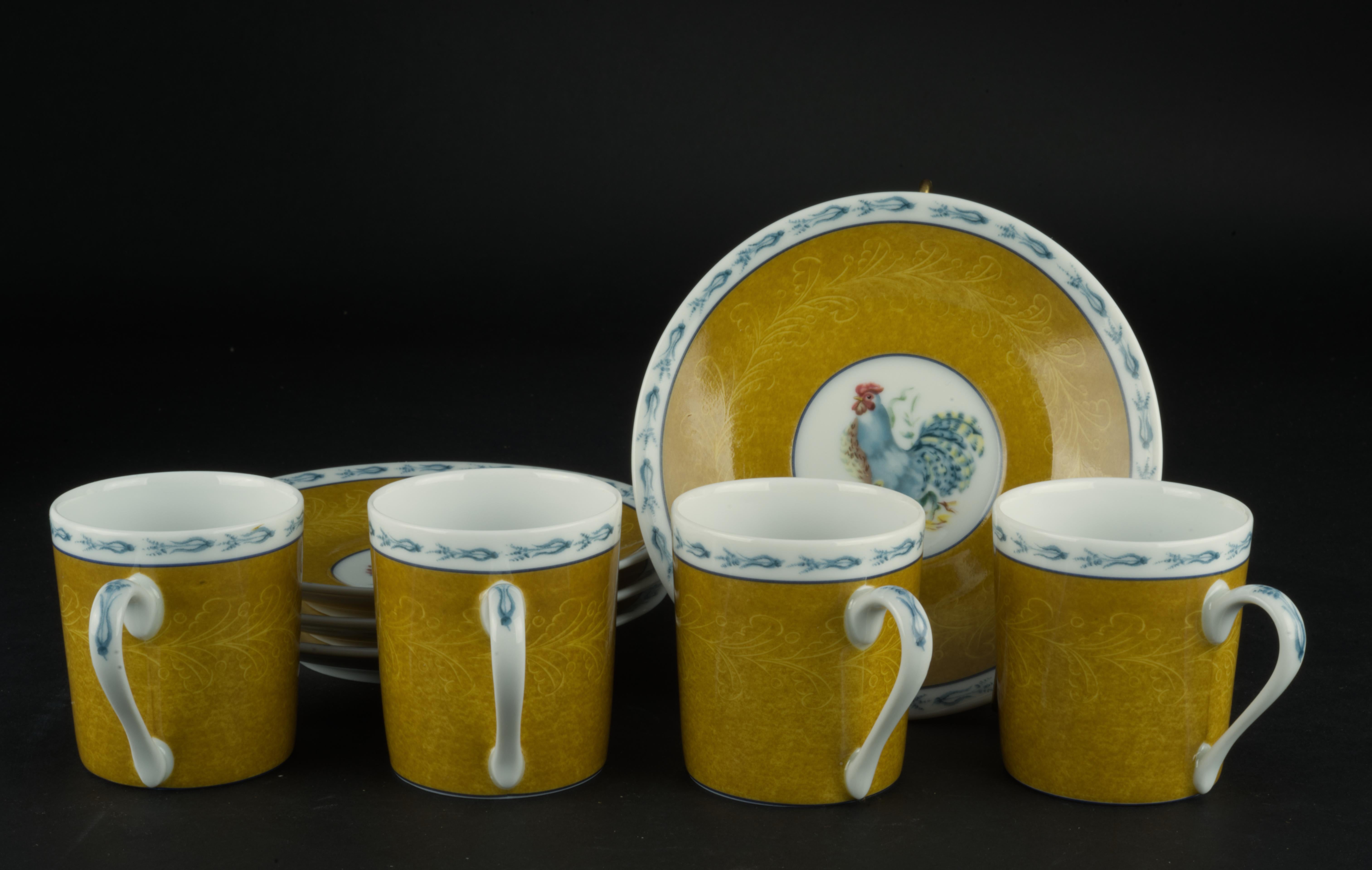 Demitasse cups and saucers in Basse Cour pattern by Pierre Frey were made in France by Porcelaine de Limoges. The set consists of 4 cups and 4 saucers; at the time of the listing we have 4 sets available.

Basse Cour is a rare, discontinued pattern