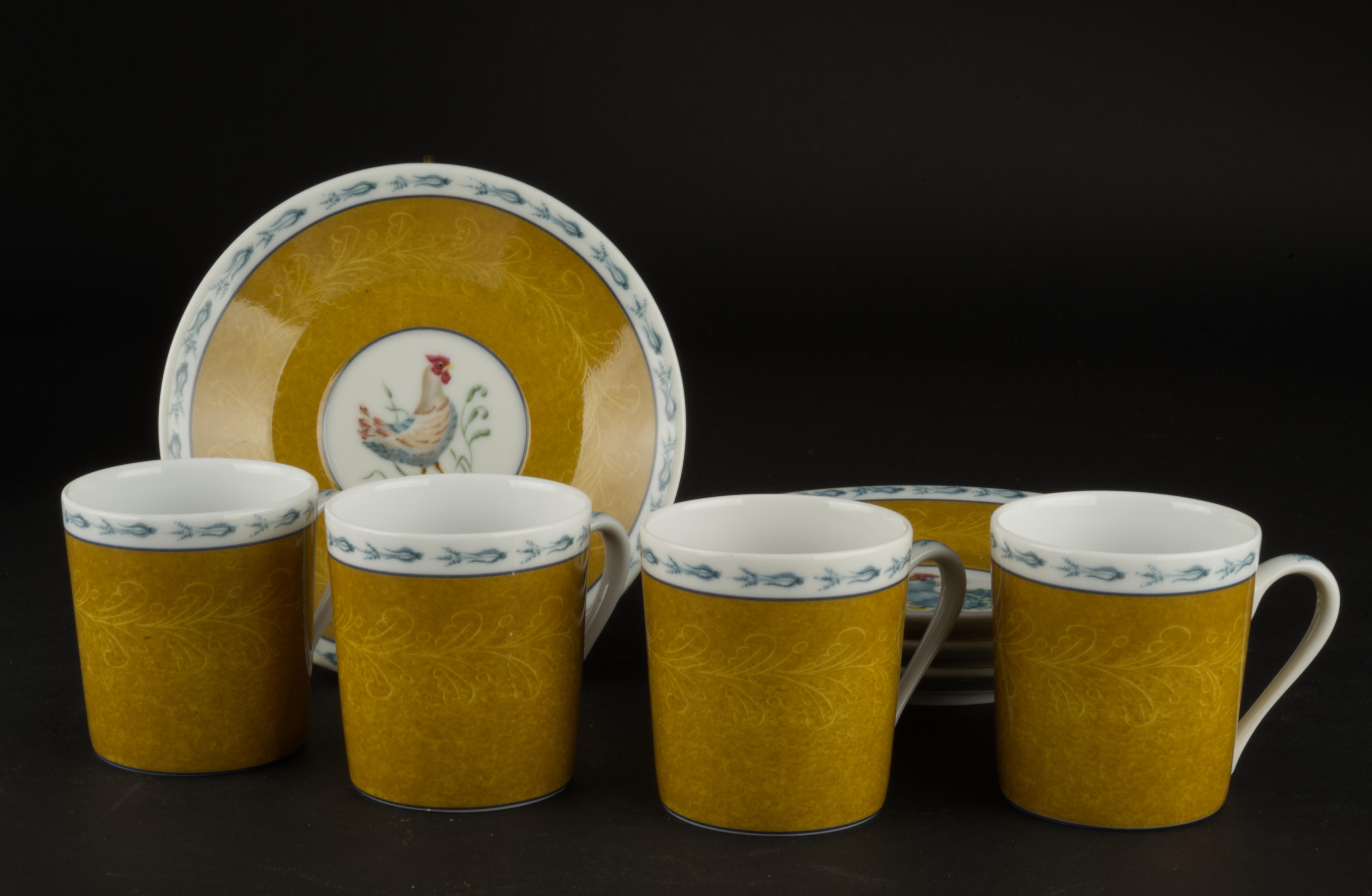 French Basse Cour by Pierre Frey set of 4 Demitasse Cups and Saucers, Limoges Porcelain For Sale