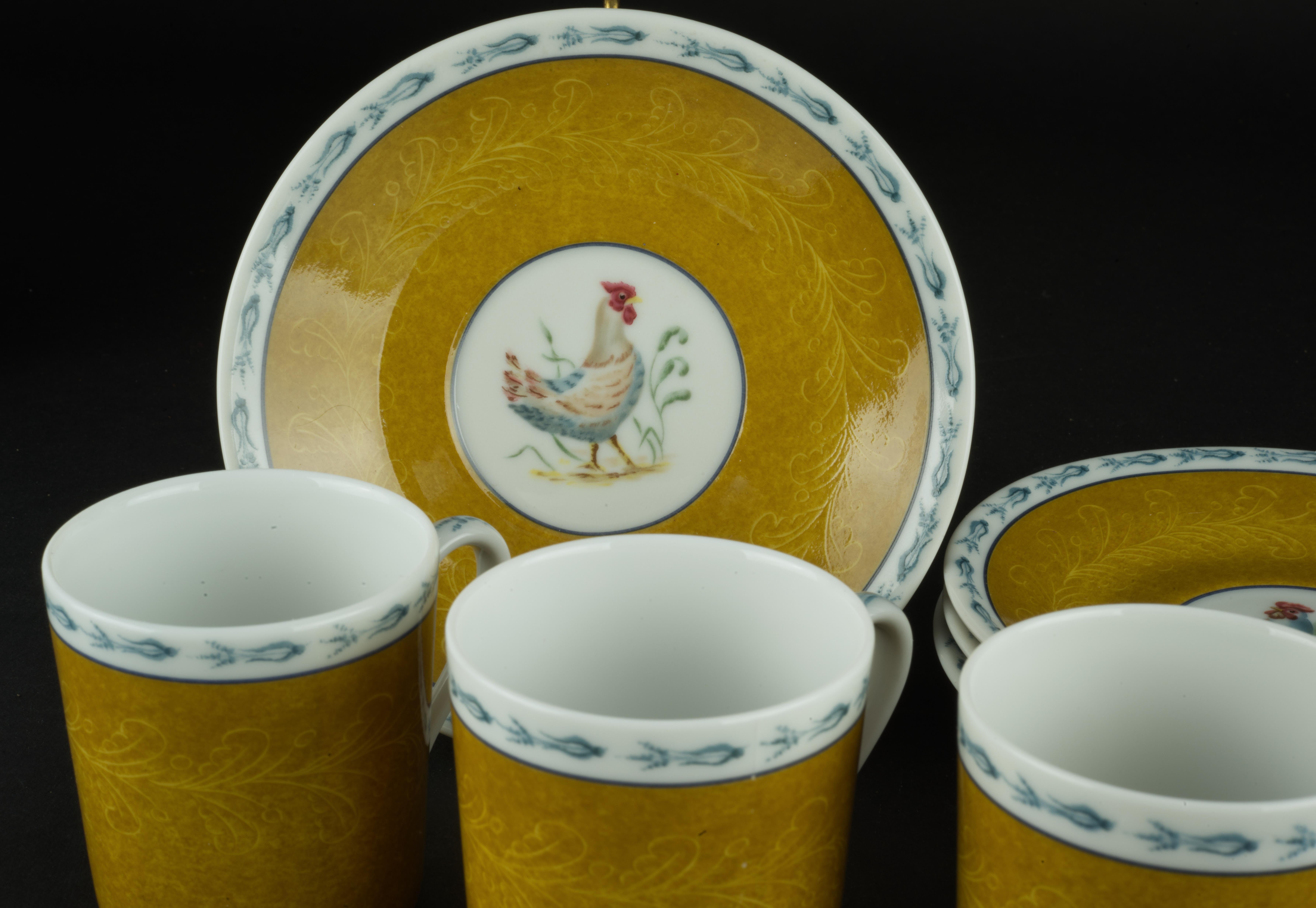 Basse Cour by Pierre Frey set of 4 Demitasse Cups and Saucers, Limoges Porcelain In Excellent Condition For Sale In Clifton Springs, NY