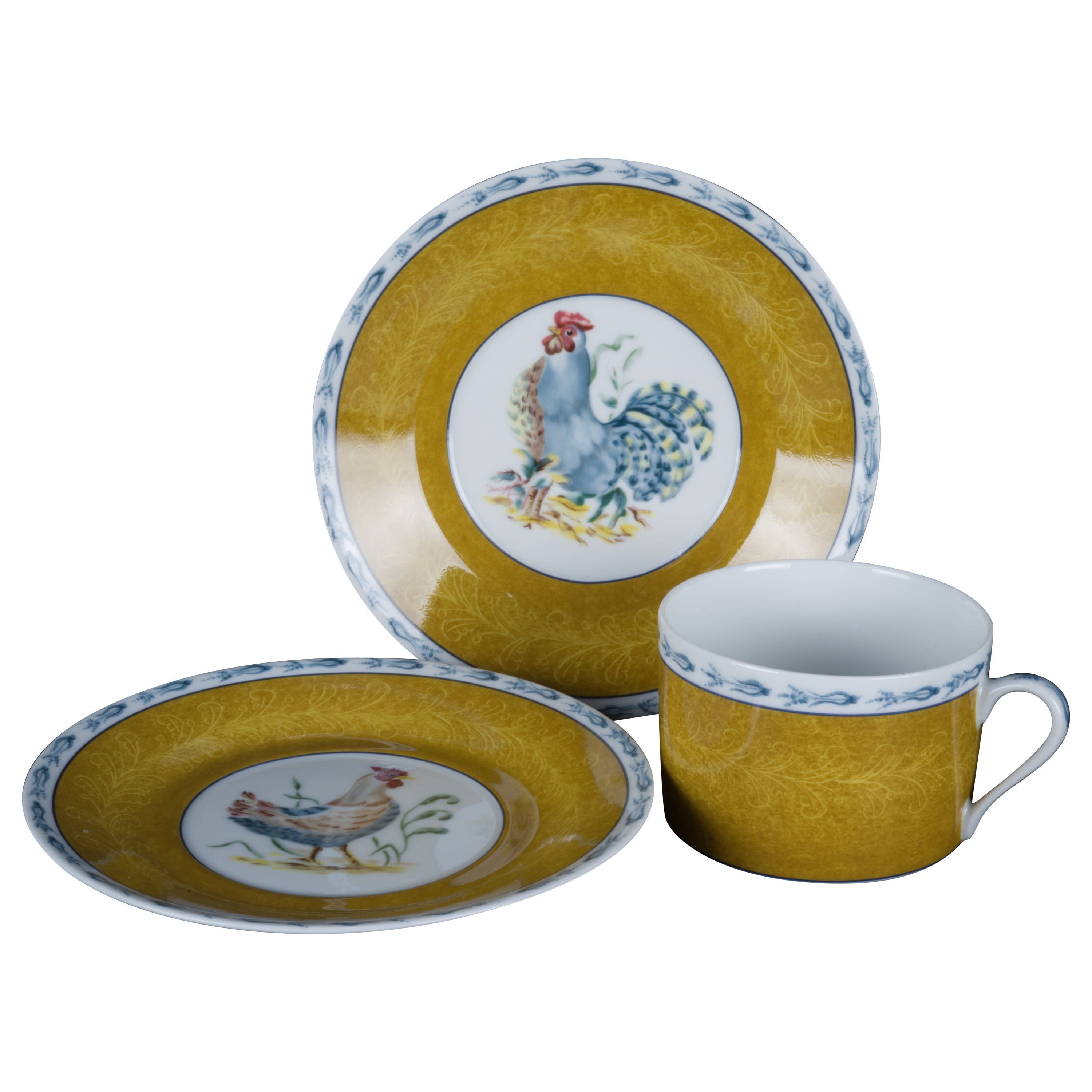 Set aus Tasse und 2 Untertassen Basse Cour von Pierre Frey, Limoges-Porzellan im Angebot