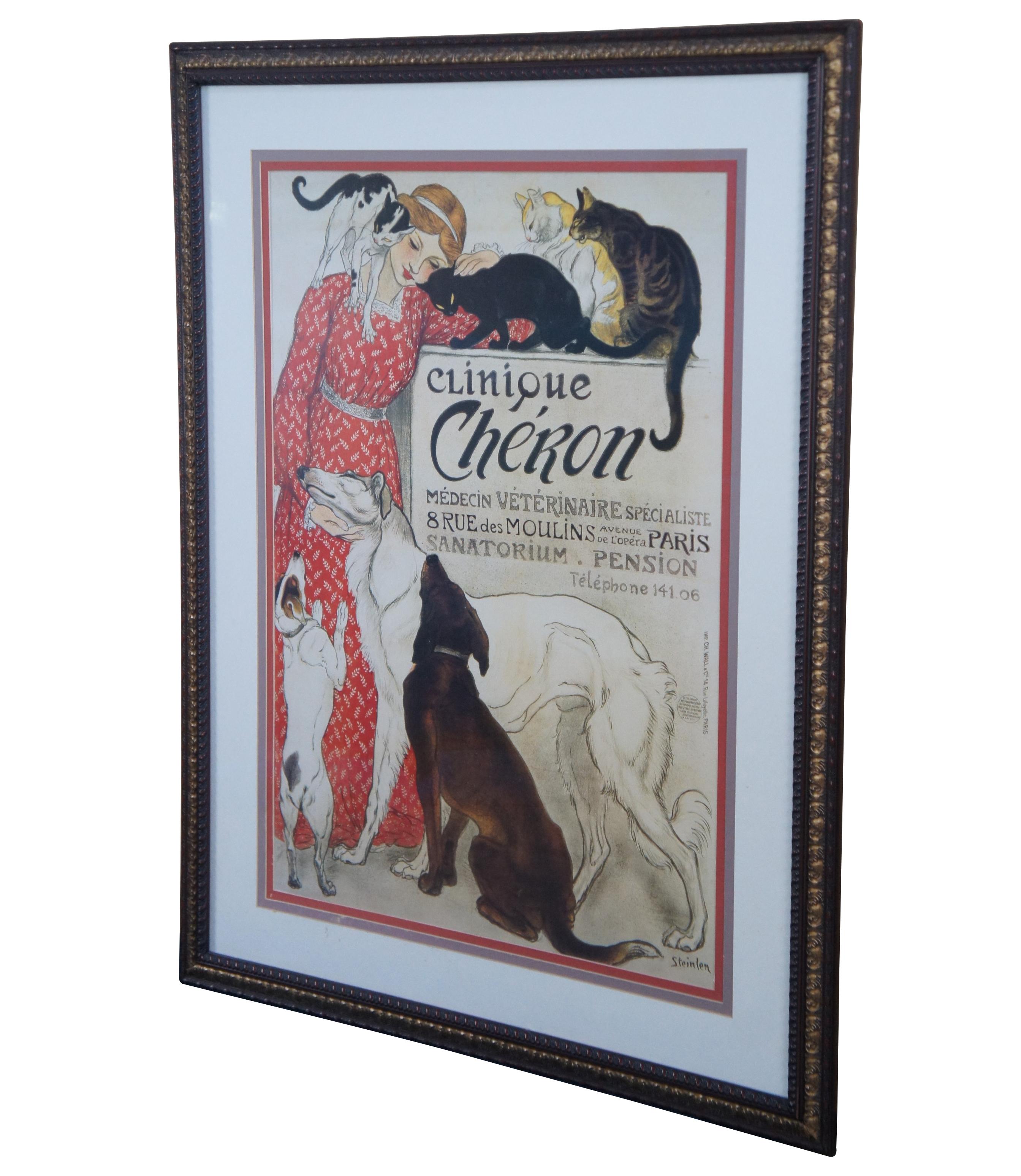 Vintage Bassett Fine Art framed print of Steinlens Clinique Cheron in Paris France. The advertisement for Veterinary Medicine features a woman in a red dress posing with cats and dogs. Bassett Fine Art, a Division of Bassett Mirror Co, Item