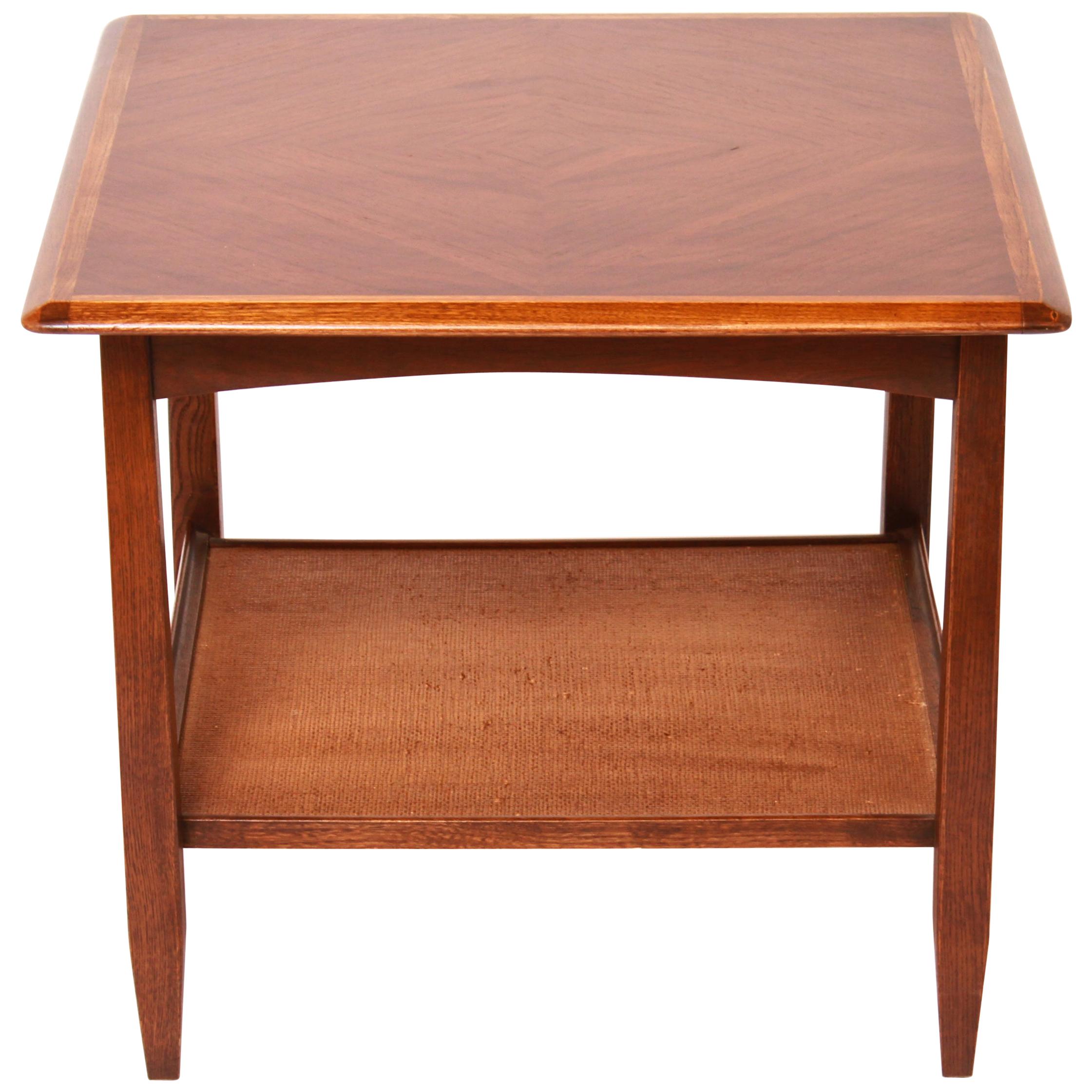 Bassett Furniture Mid-Century Modern Wood End Table with Rattan-Lined Shelf