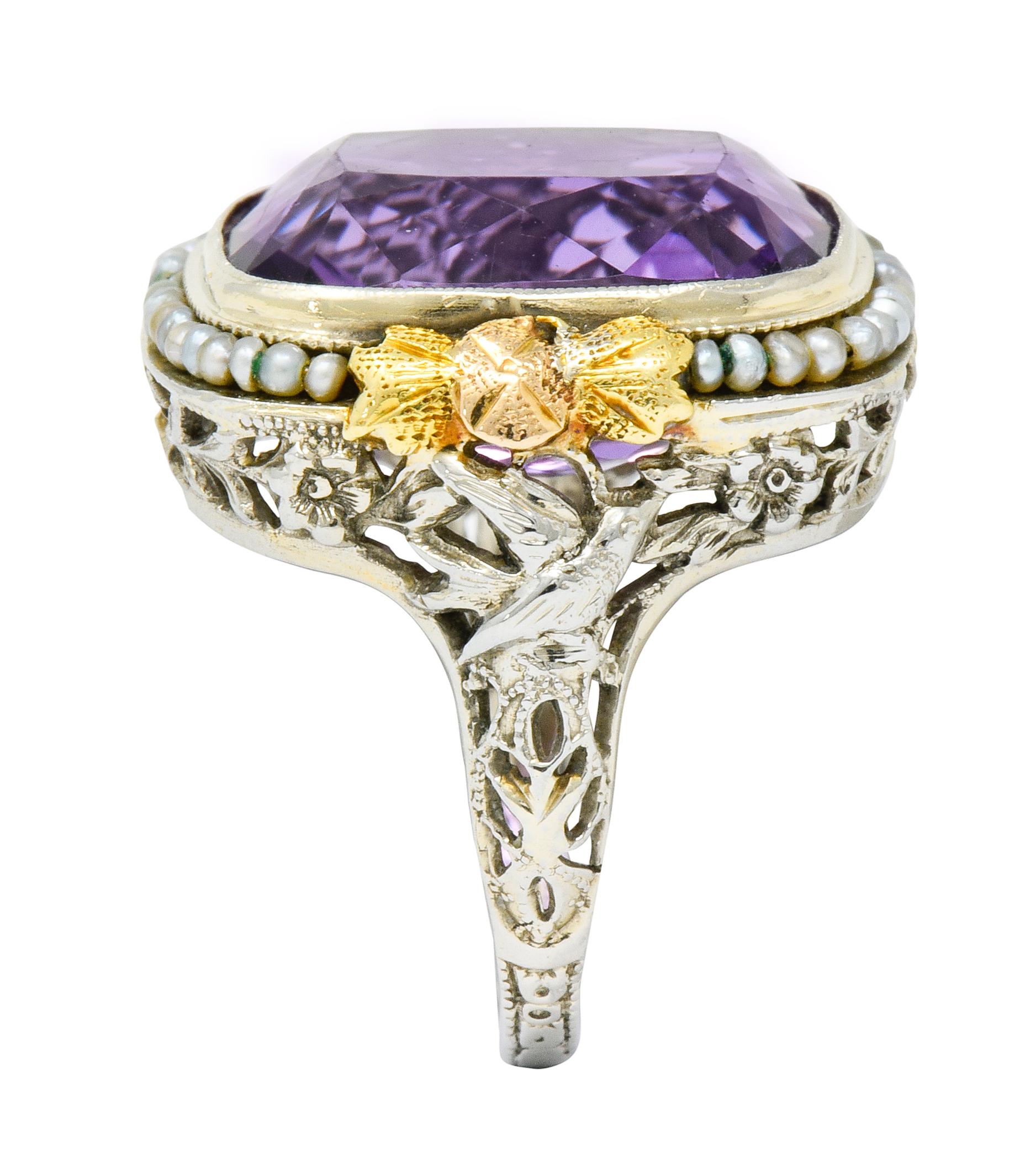 Bassett Jewelry Co. Art Deco 13.34 Carat Amethyst Natural Pearl 18K Gold Ring 2