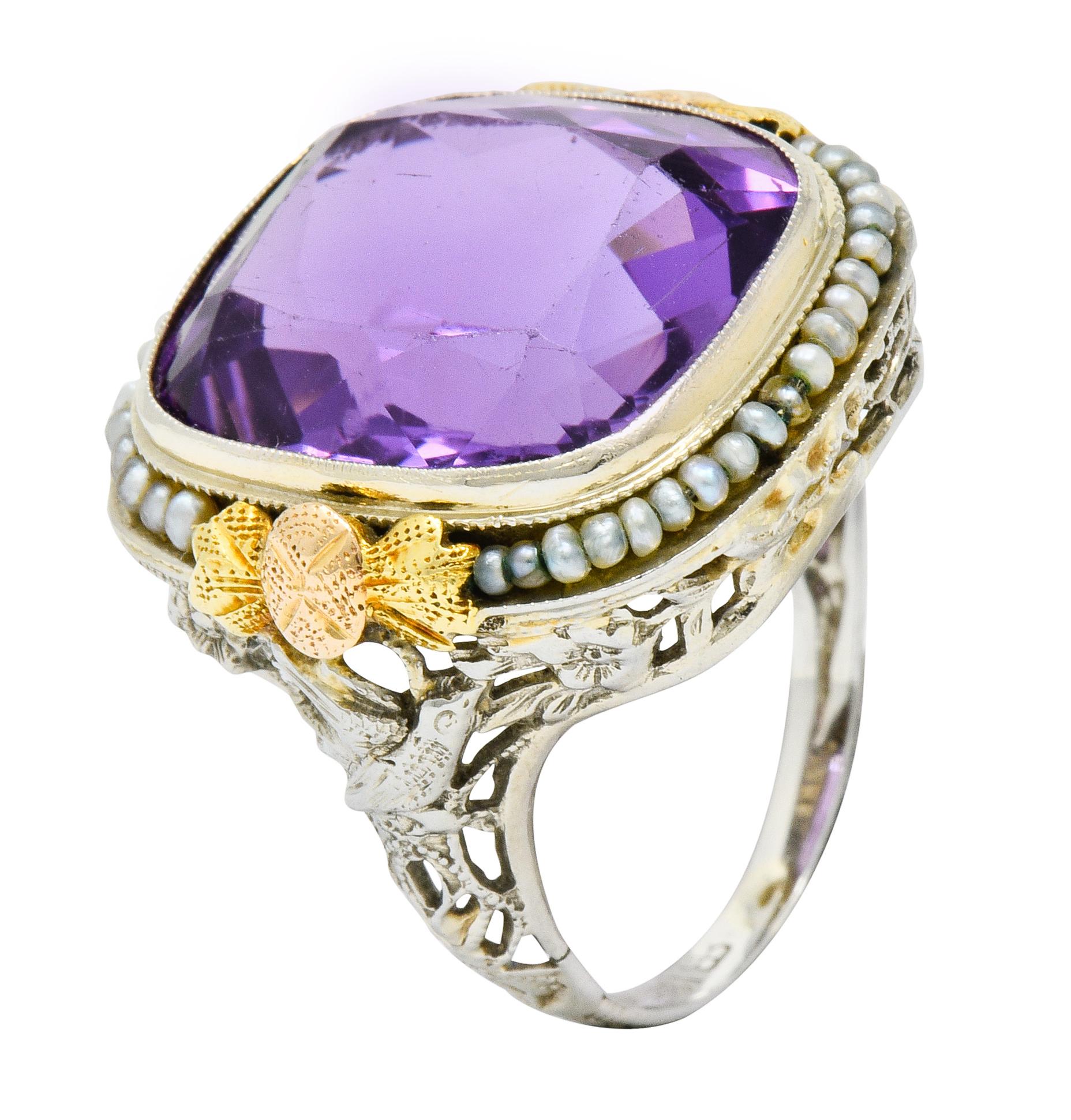 Bassett Jewelry Co. Art Deco 13.34 Carat Amethyst Natural Pearl 18K Gold Ring 3