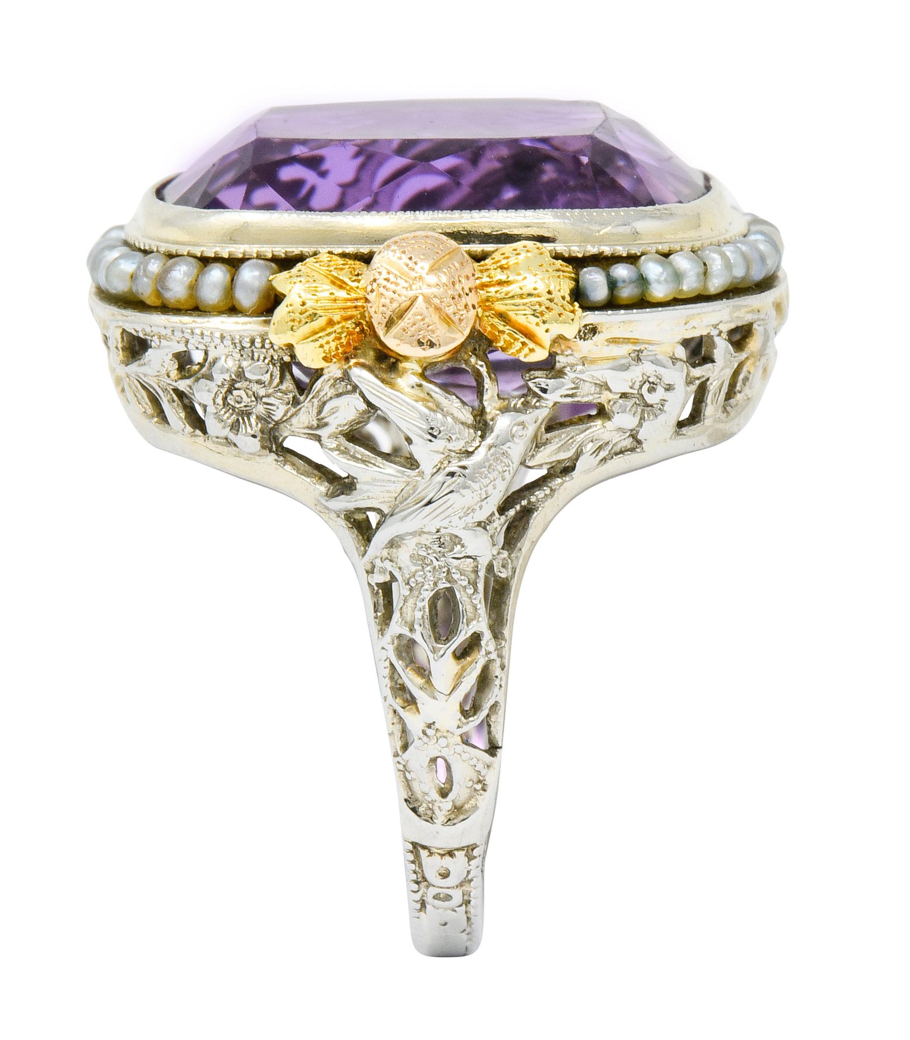 Women's or Men's Bassett Jewelry Co. Art Deco 13.34 Carat Amethyst Natural Pearl 18K Gold Ring