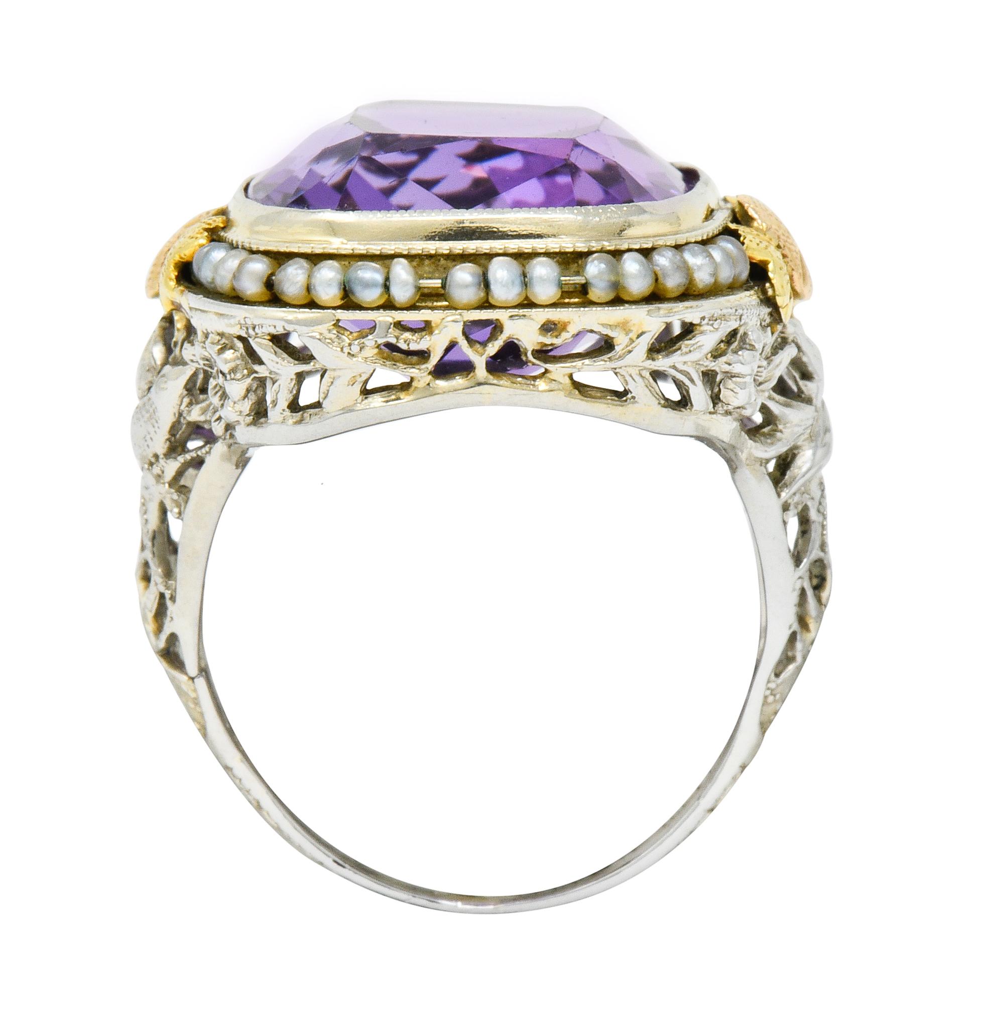 Bassett Jewelry Co. Art Deco 13.34 Carat Amethyst Natural Pearl 18K Gold Ring 1