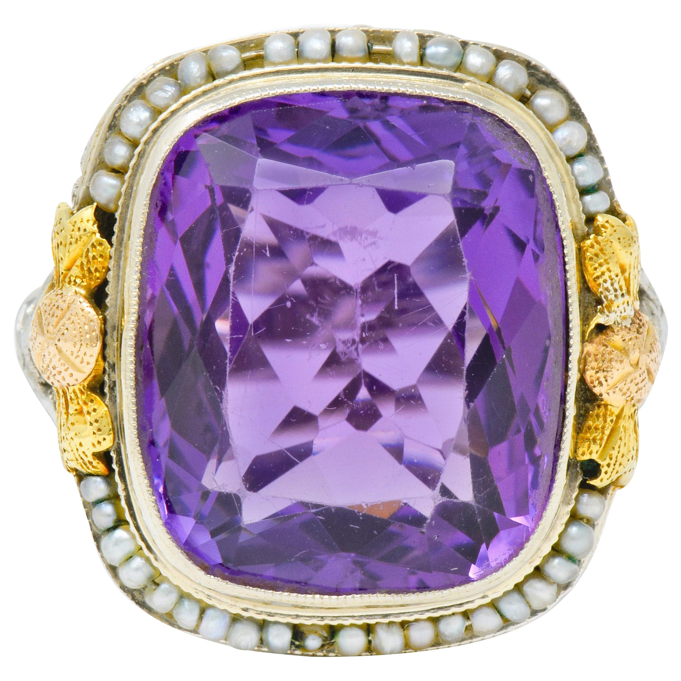 Bassett Jewelry Co. Art Deco 13.34 Carat Amethyst Natural Pearl 18K Gold Ring