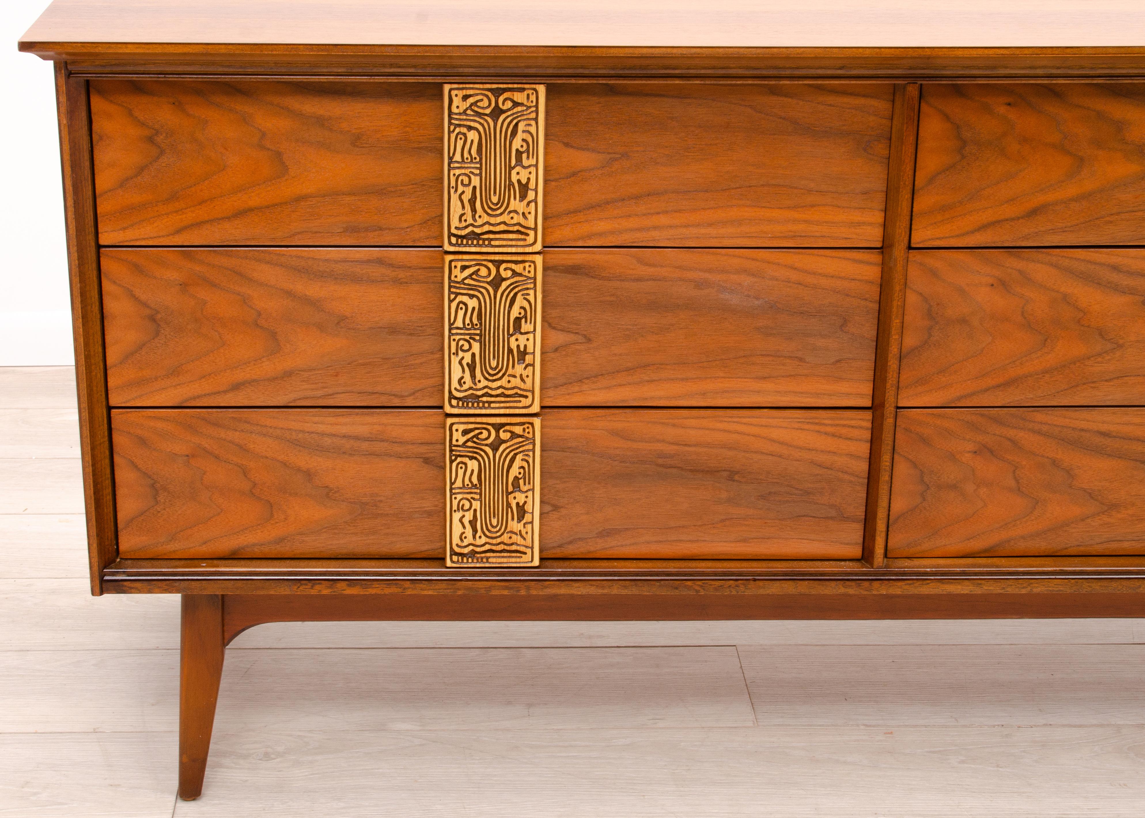 Bassett Mayan Low Walnut Dresser Mid Century Modern 1960s 2
