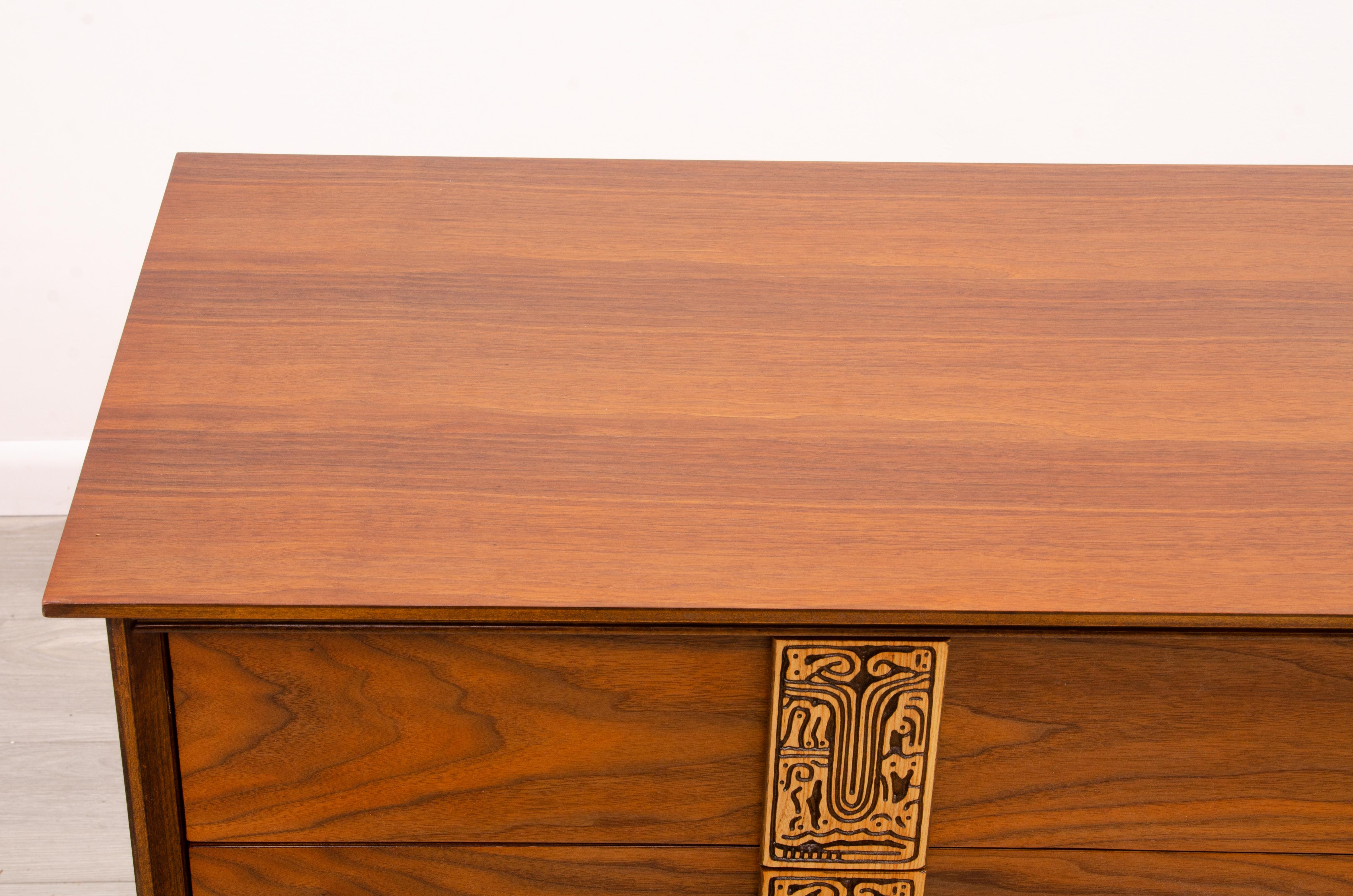 Mid-20th Century Bassett Mayan Low Walnut Dresser Mid Century Modern 1960s