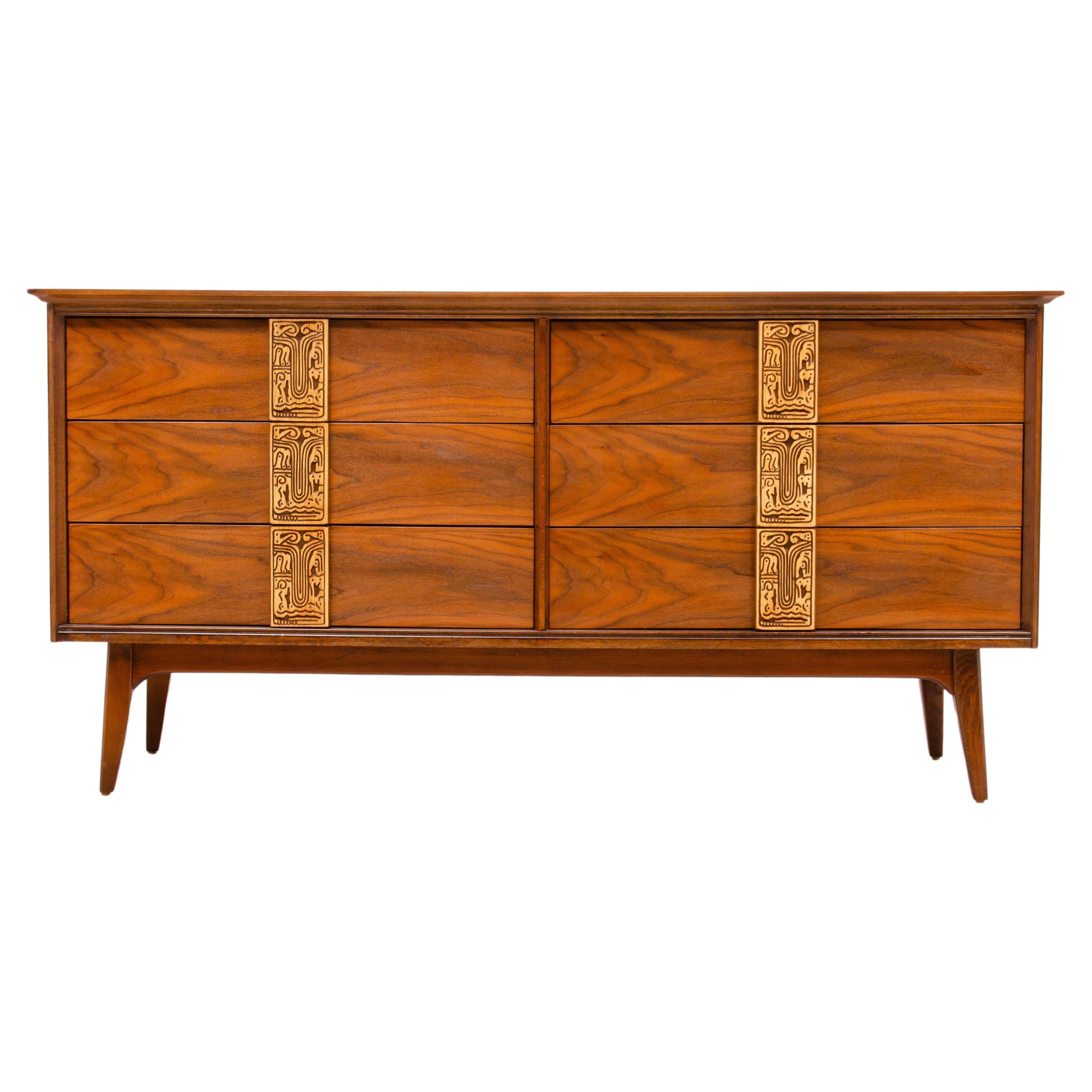 Bassett Mayan Low Walnut Dresser Mid Century Modern 1960s